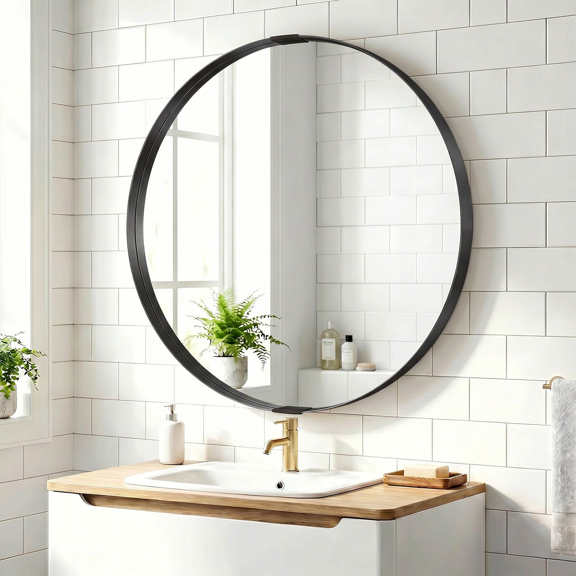 Round Wall Mirror 61 cm, Wall Mounted Bathroom Mirror with Tempered Safety Glass and Aluminium Alloy Frame for Living Room, Bedroom, Entryway, Home, Black