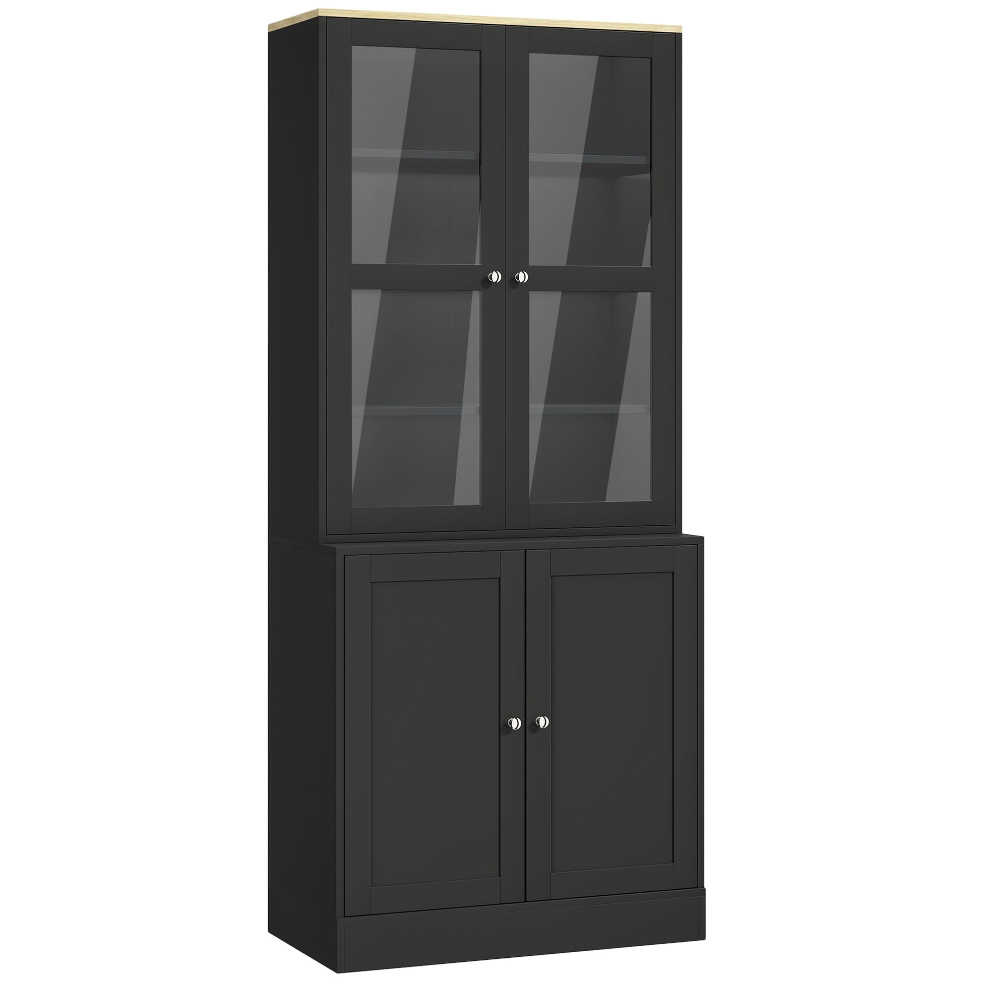 Modern Bookcase with Glass Doors, Display Storage Cabinet with Adjustable Shelves for Living Room, Study, Home Office, Kitchen Cupboard with Small Open Counter, Black