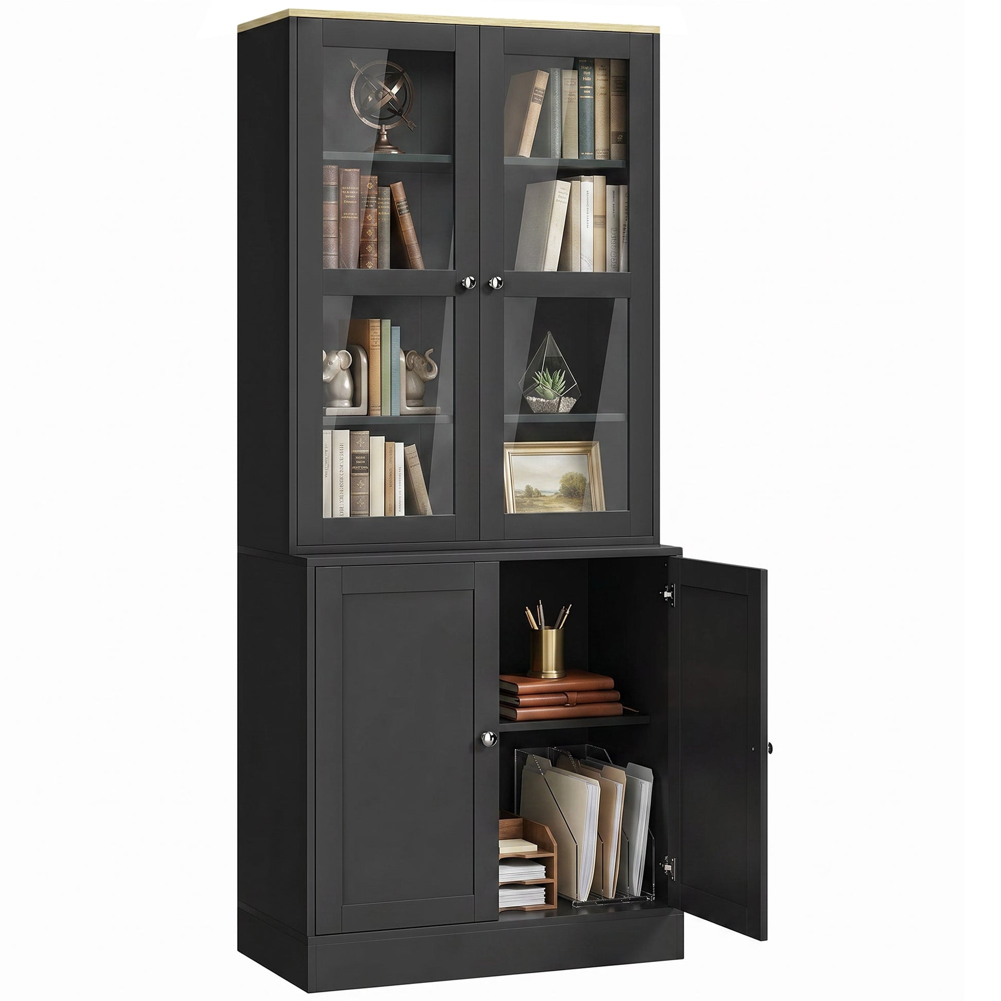 Modern Bookcase with Glass Doors, Display Storage Cabinet with Adjustable Shelves for Living Room, Study, Home Office, Kitchen Cupboard with Small Open Counter, Black