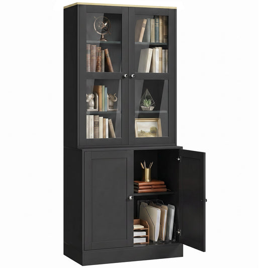 Modern Bookcase with Glass Doors, Display Storage Cabinet with Adjustable Shelves for Living Room, Study, Home Office, Kitchen Cupboard with Small Open Counter, Black