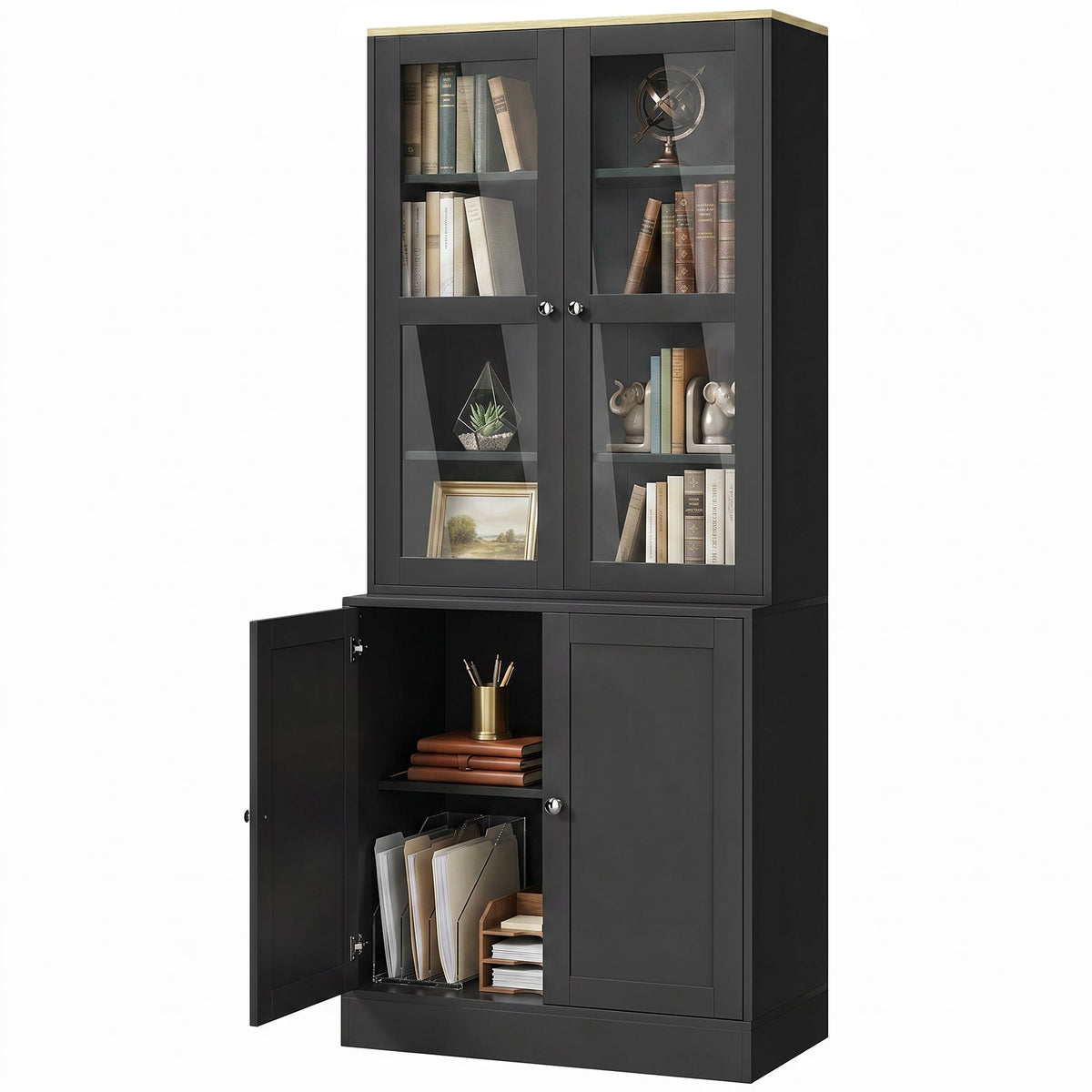 Modern Bookcase with Glass Doors, Display Storage Cabinet with Adjustable Shelves for Living Room, Study, Home Office, Kitchen Cupboard with Small Open Counter, Black