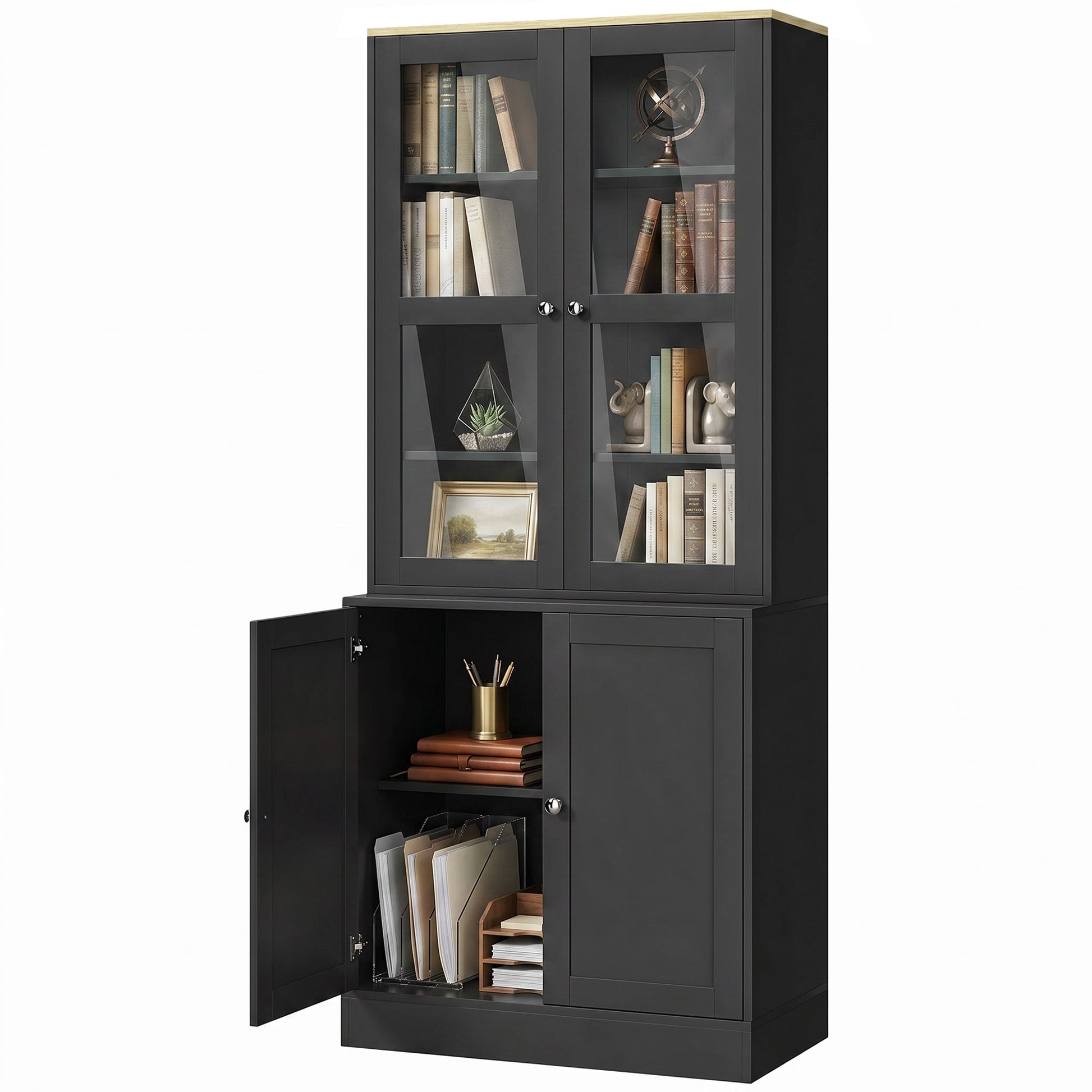 Modern Bookcase with Glass Doors, Display Storage Cabinet with Adjustable Shelves for Living Room, Study, Home Office, Kitchen Cupboard with Small Open Counter, Black