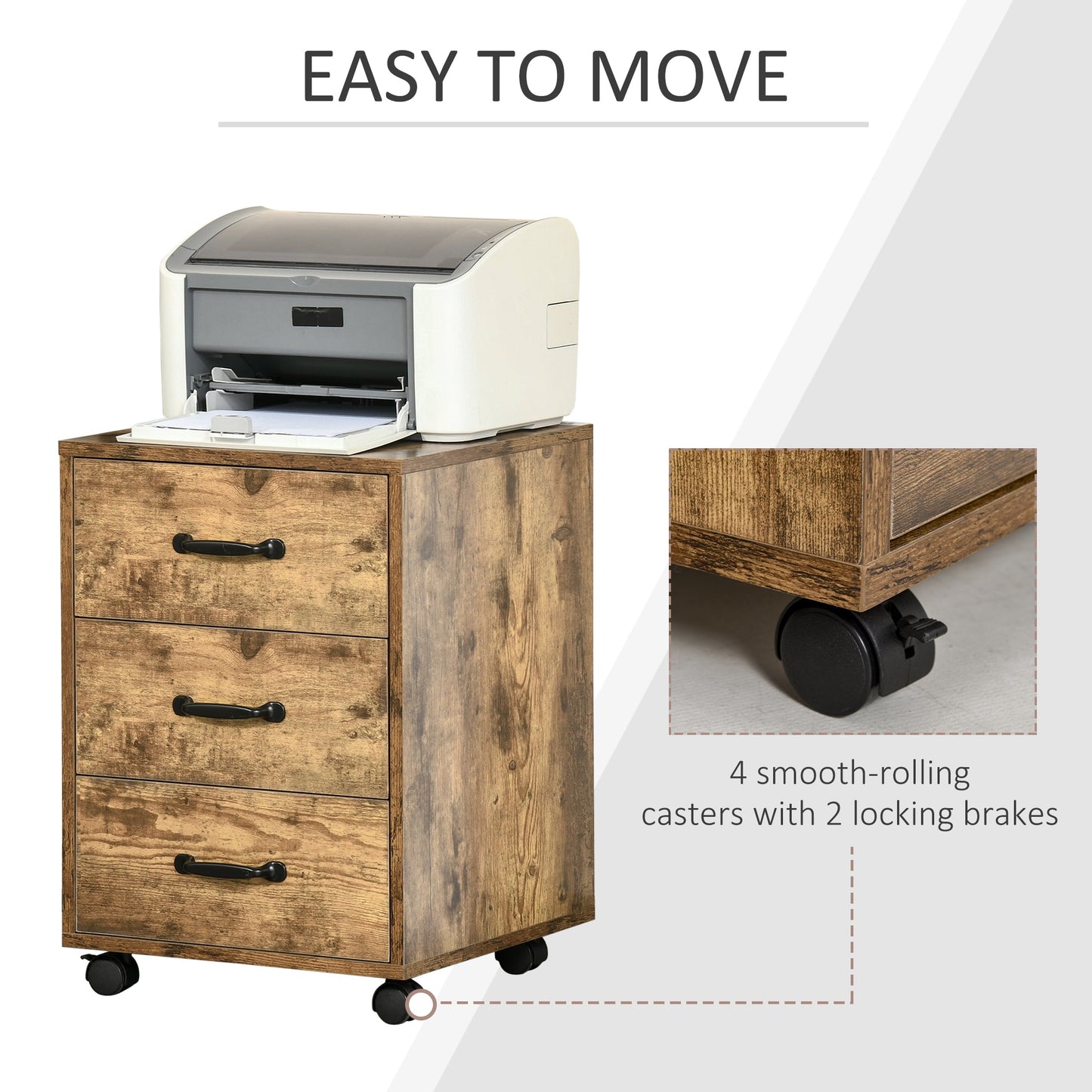 HOMCOM Mobile Filing Cabinet with 3 Drawers, Under Desk File Cabinet, Rustic Brown