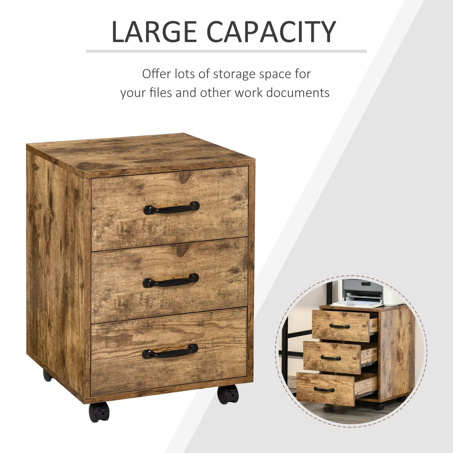 HOMCOM Mobile Filing Cabinet with 3 Drawers, Under Desk File Cabinet, Rustic Brown