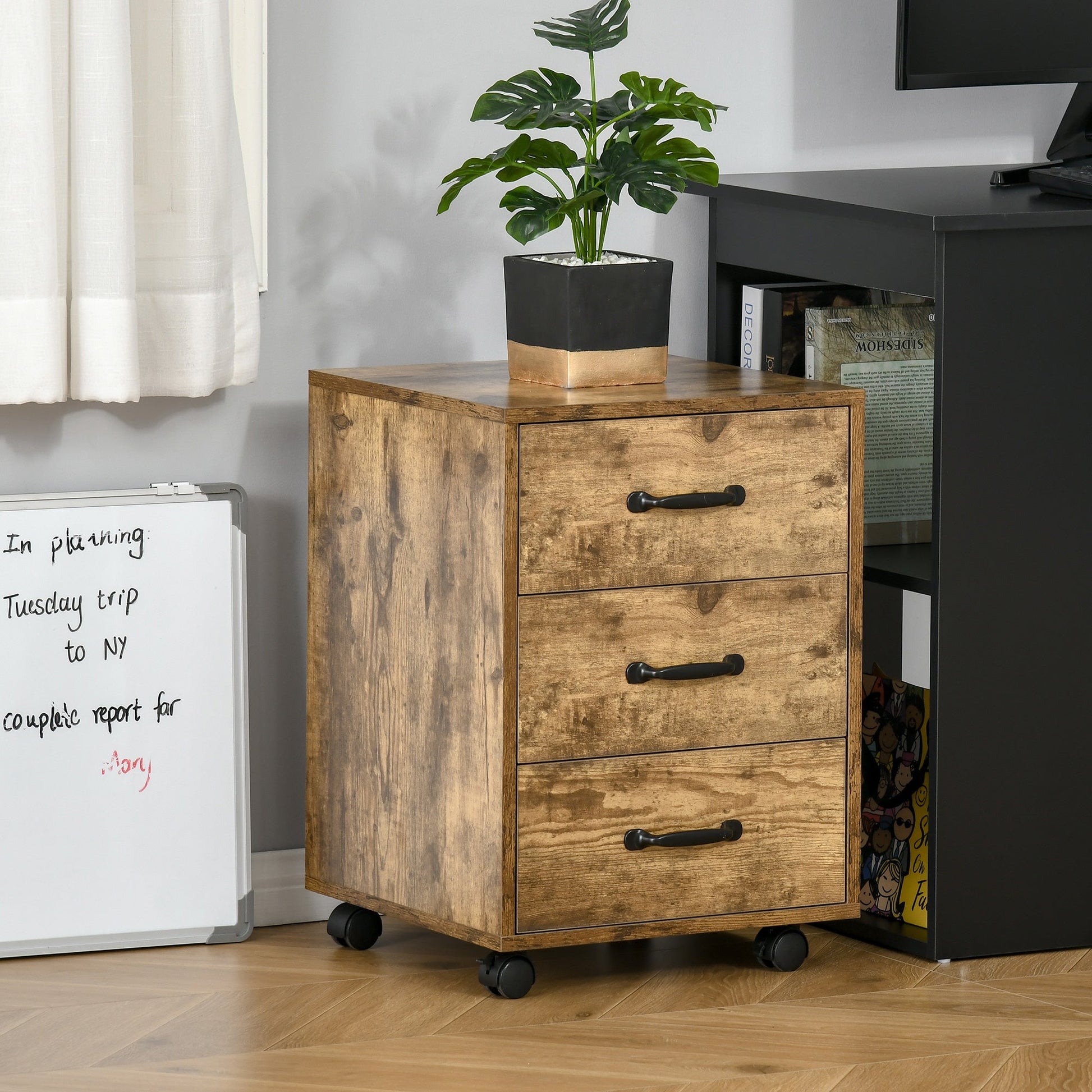 HOMCOM Mobile Filing Cabinet with 3 Drawers, Under Desk File Cabinet, Rustic Brown