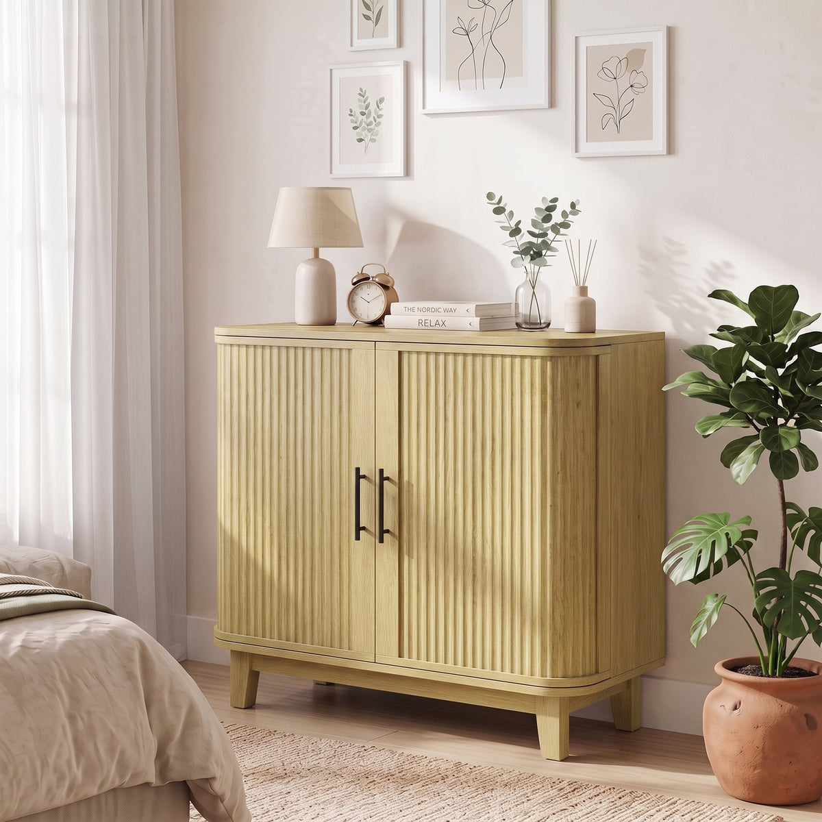 80cm Sideboard Buffet Cabinet, Modern Storage Cabinet with 2 Curved Doors, Adjustable Shelf and Legs for Dining Room, Hallway, Oak