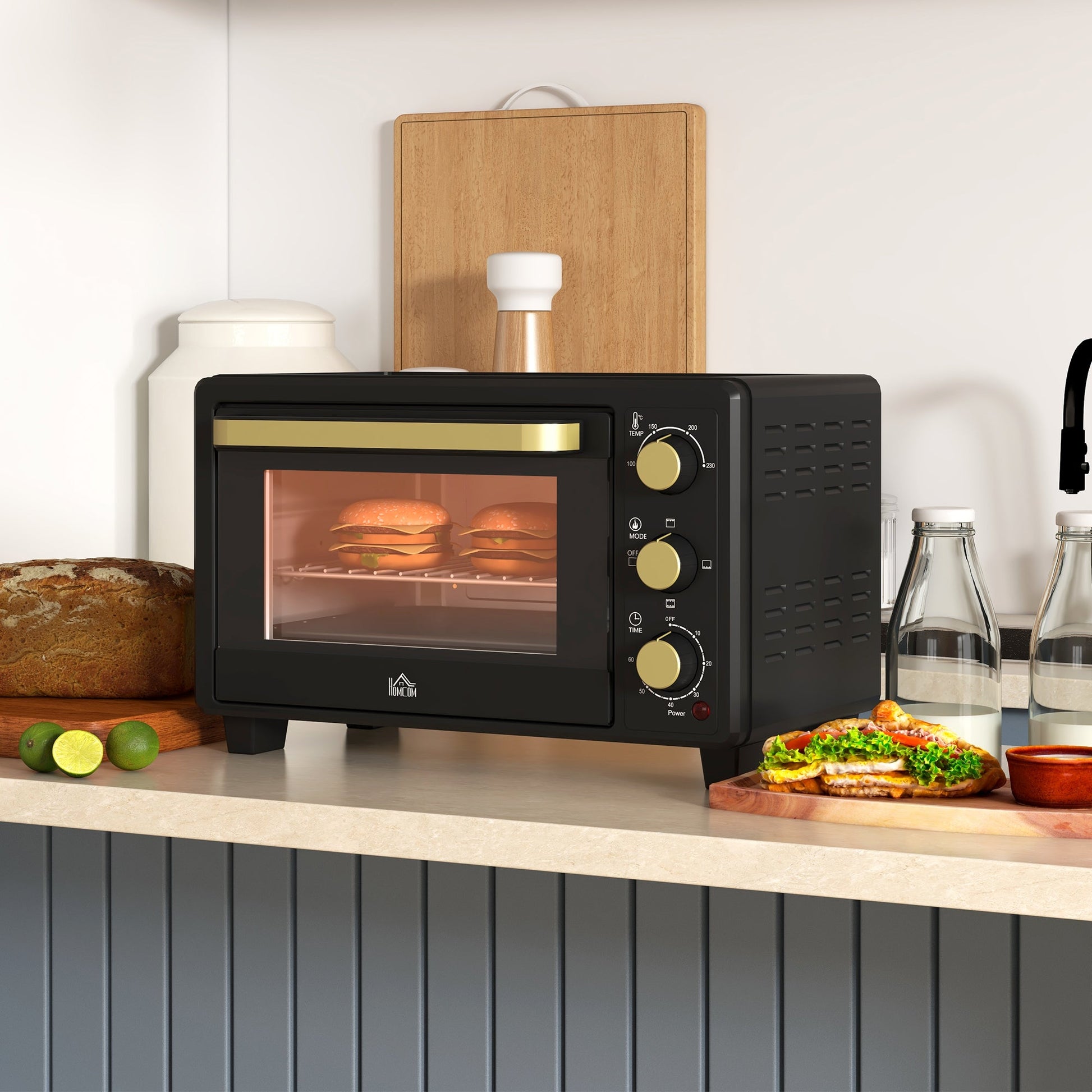 HOMCOM Mini Oven, 16L Countertop Electric Grill, Toaster Oven with Adjustable Temperature, 60 Min Timer, Crumb Tray, Baking Tray, Wire Rack, Tray Handle, 1400W, Black
