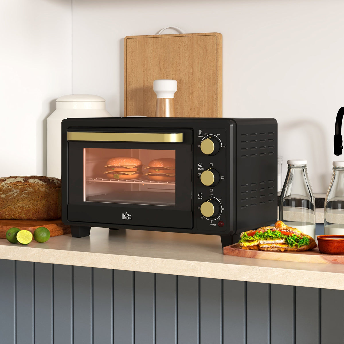 HOMCOM Mini Oven, 16L Countertop Electric Grill, Toaster Oven with Adjustable Temperature, 60 Min Timer, Crumb Tray, Baking Tray, Wire Rack, Tray Handle, 1400W, Black