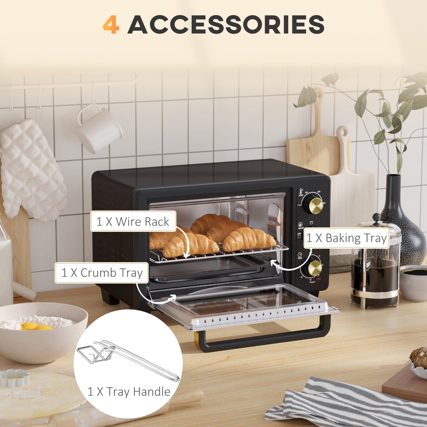 HOMCOM Mini Oven, 16L Countertop Electric Grill, Toaster Oven with Adjustable Temperature, 60 Min Timer, Crumb Tray, Baking Tray, Wire Rack, Tray Handle, 1400W, Black