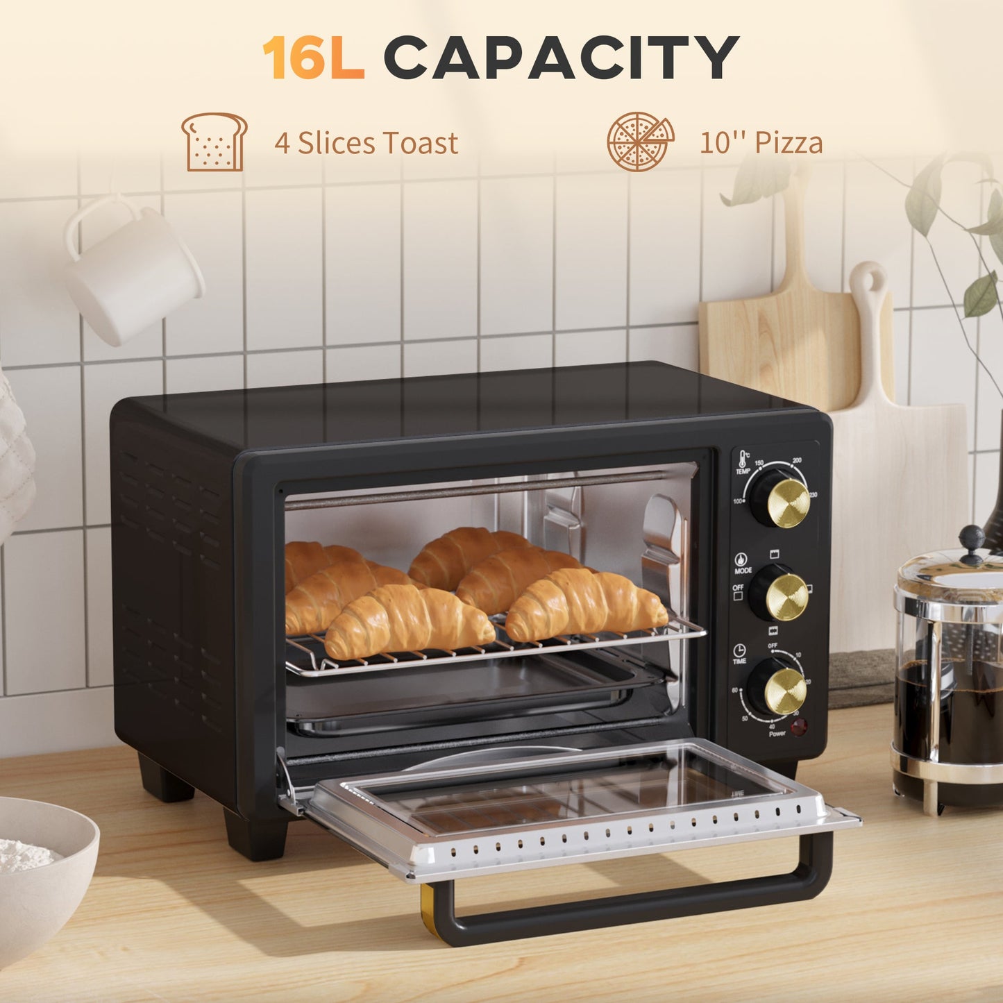 HOMCOM Mini Oven, 16L Countertop Electric Grill, Toaster Oven with Adjustable Temperature, 60 Min Timer, Crumb Tray, Baking Tray, Wire Rack, Tray Handle, 1400W, Black