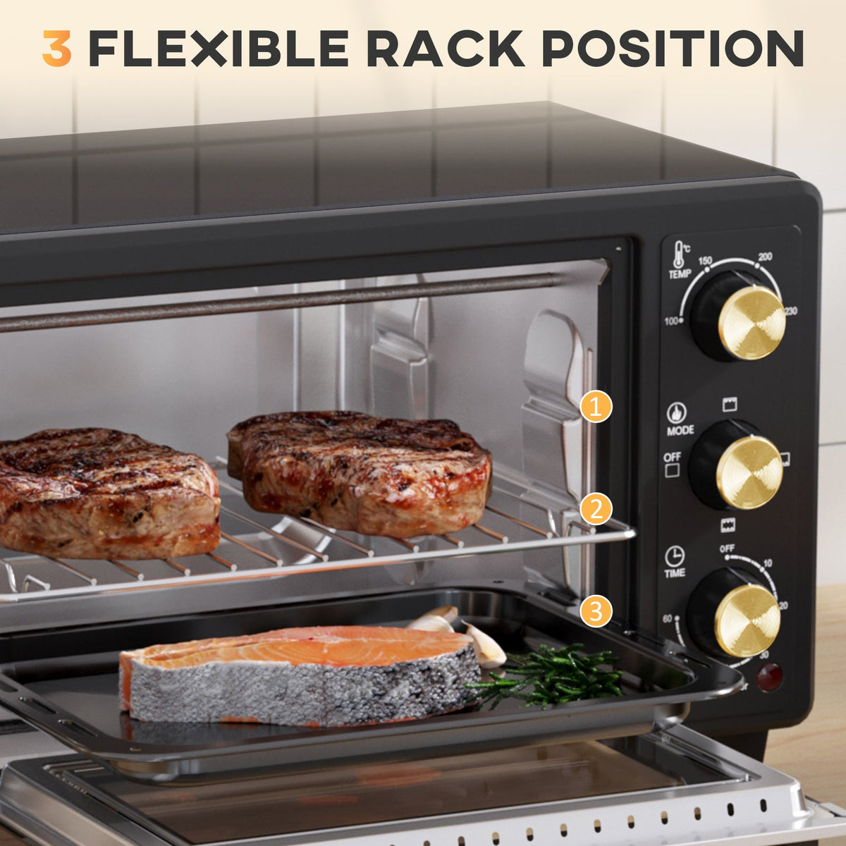 HOMCOM Mini Oven, 16L Countertop Electric Grill, Toaster Oven with Adjustable Temperature, 60 Min Timer, Crumb Tray, Baking Tray, Wire Rack, Tray Handle, 1400W, Black