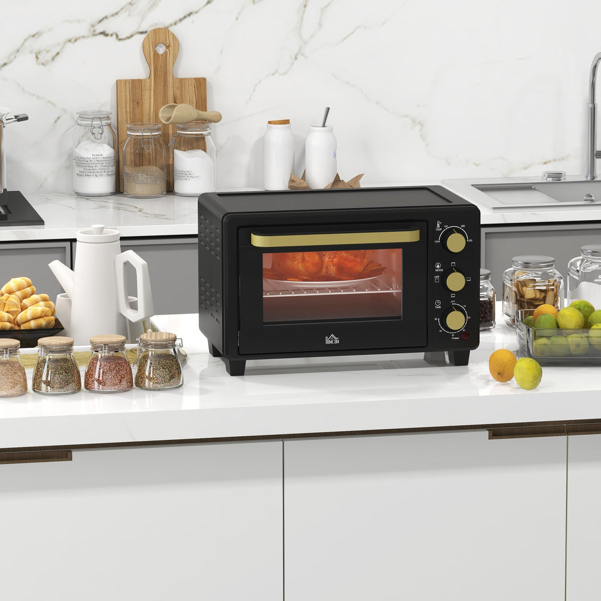 HOMCOM Mini Oven, 16L Countertop Electric Grill, Toaster Oven with Adjustable Temperature, 60 Min Timer, Crumb Tray, Baking Tray, Wire Rack, Tray Handle, 1400W, Black