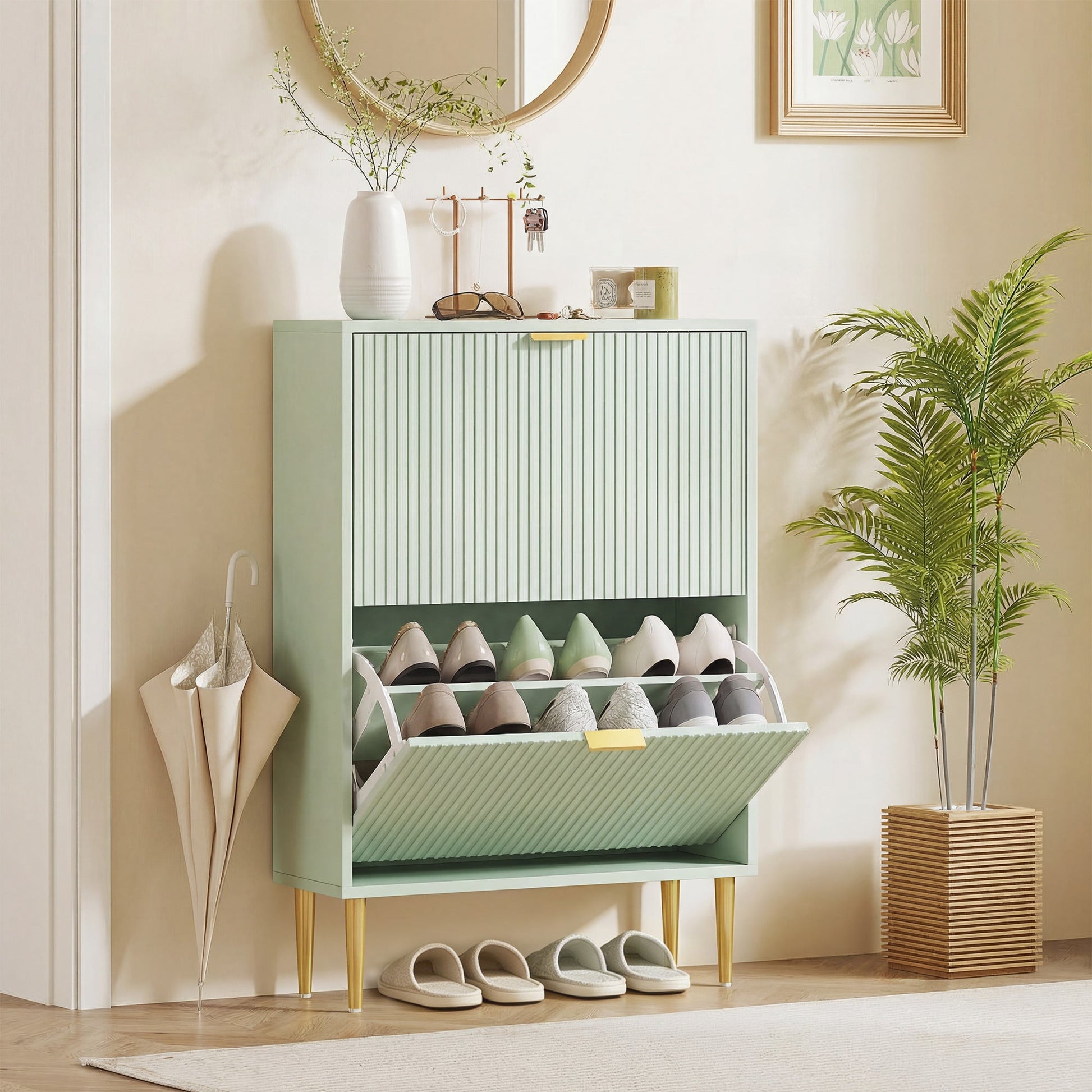 Narrow Shoe Cabinet with 2 Flip Drawers, Modern Slim Shoe Storage Cabinet with Fluted Doors and Adjustable Shelves for Hallway, Holds 6-12 Pairs, Light Green