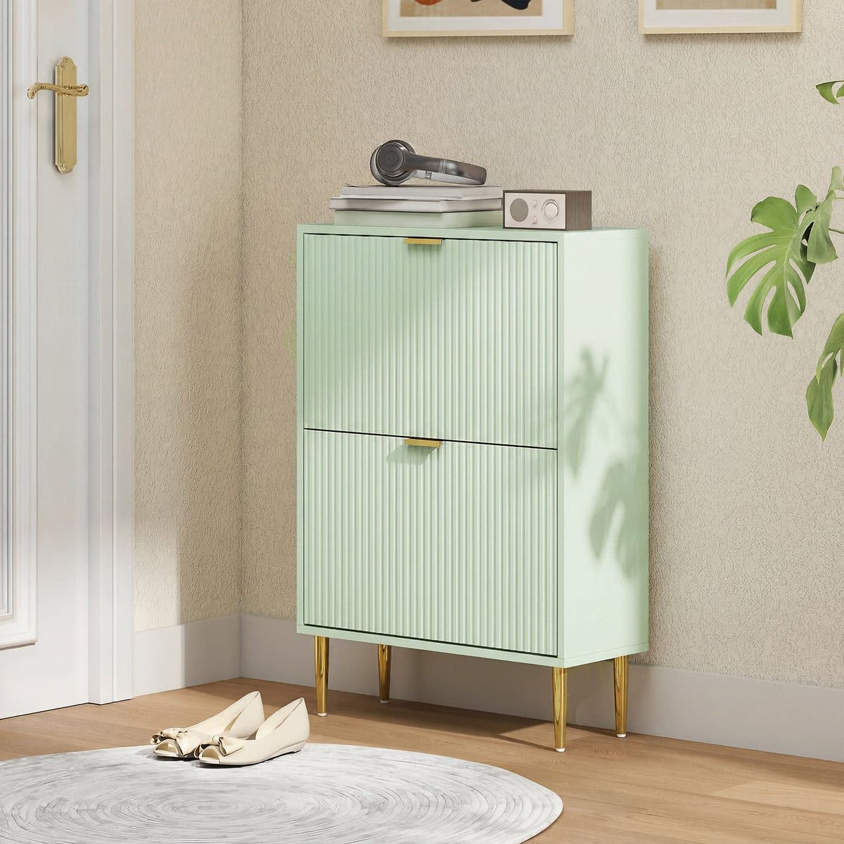 Narrow Shoe Cabinet with 2 Flip Drawers, Modern Slim Shoe Storage Cabinet with Fluted Doors and Adjustable Shelves for Hallway, Holds 6-12 Pairs, Light Green