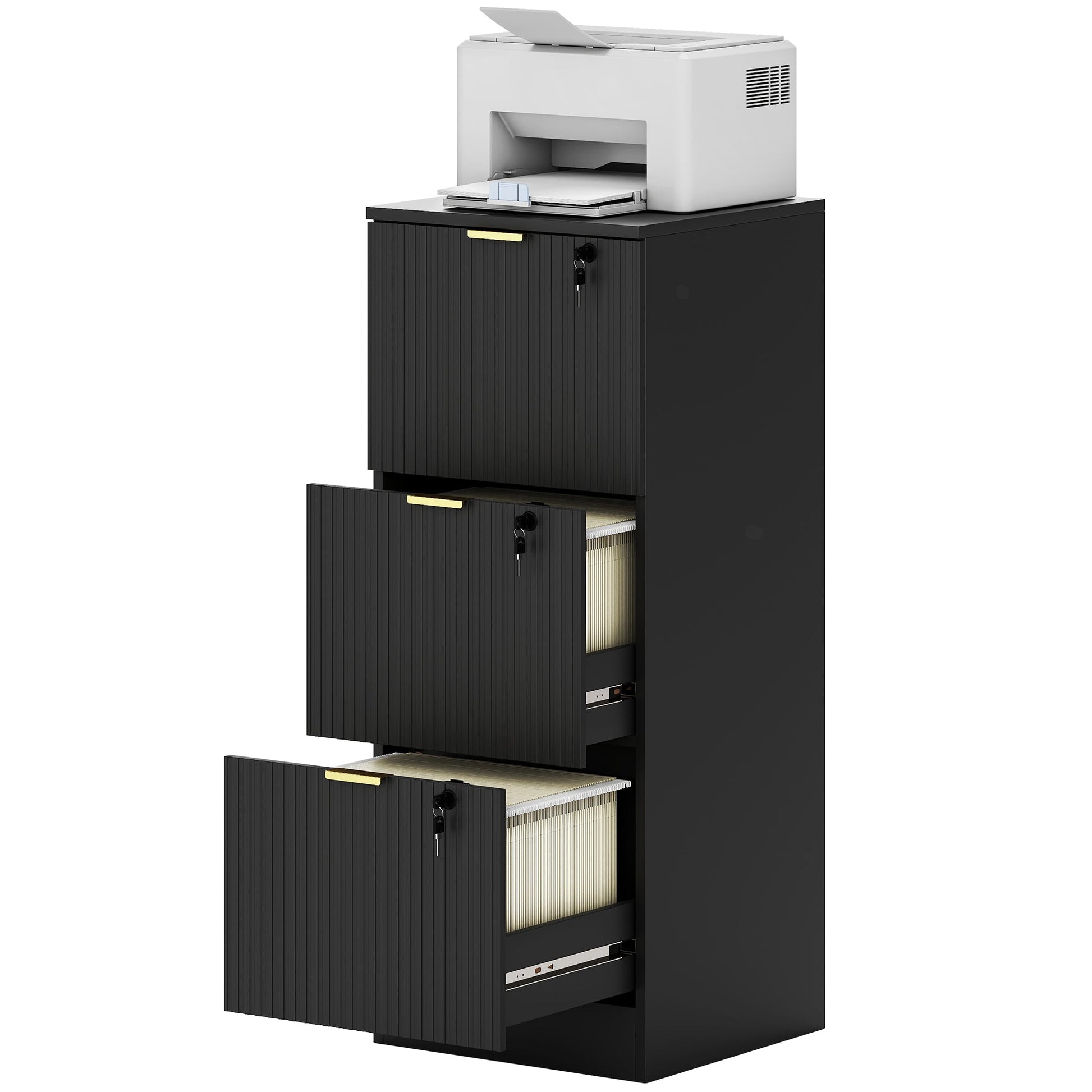 3 Drawer Filing Cabinet, Fluted Vertical File Cabinet with Lock and Adjustable Hanging Rails for A4 and Letter Size Files, Printer Stand with Storage, Black