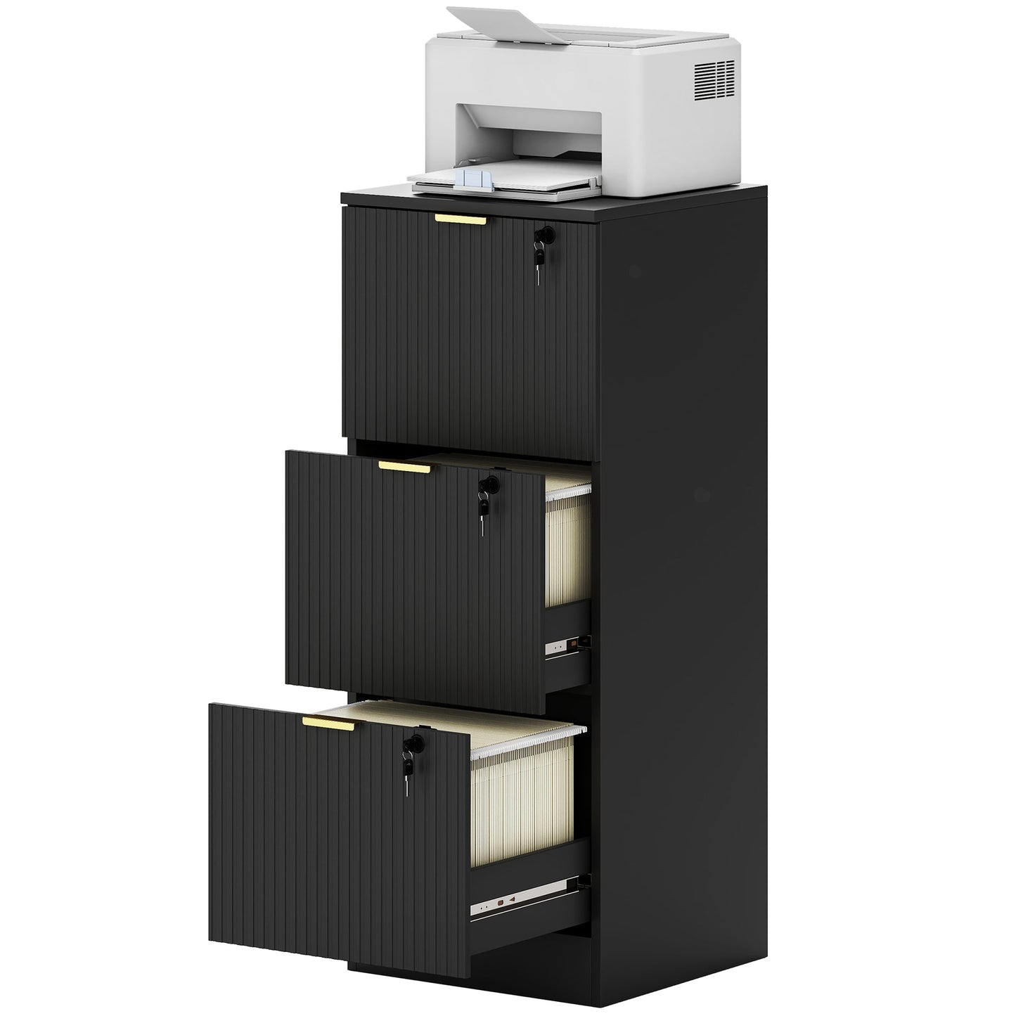 3 Drawer Filing Cabinet, Fluted Vertical File Cabinet with Lock and Adjustable Hanging Rails for A4 and Letter Size Files, Printer Stand with Storage, Black