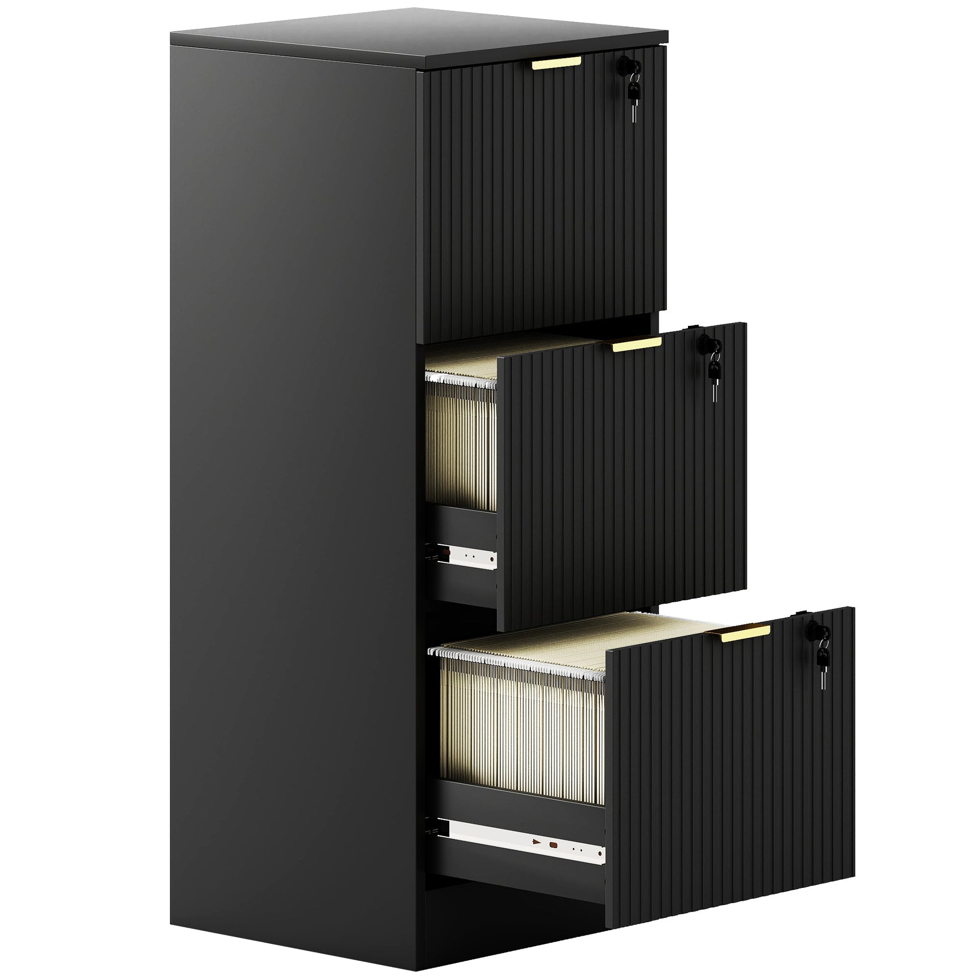 3 Drawer Filing Cabinet, Fluted Vertical File Cabinet with Lock and Adjustable Hanging Rails for A4 and Letter Size Files, Printer Stand with Storage, Black