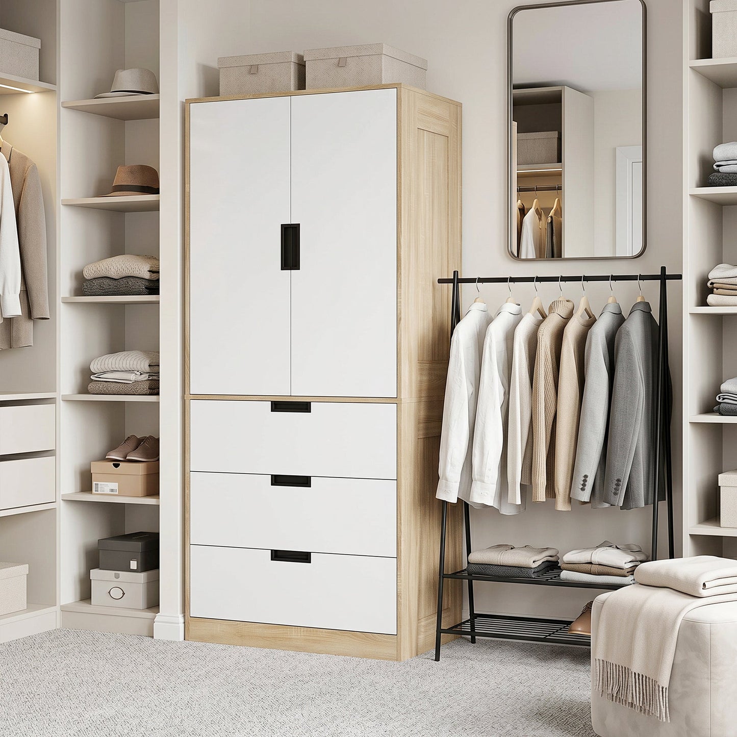 2 Door Wardrobe with 3 Drawers & Hanging Rail, Modern Clothes Storage Cupboard Unit, Bedroom Wardrobe with Soft Closing Hinge, 50D x 80W x 180Hcm, Oak