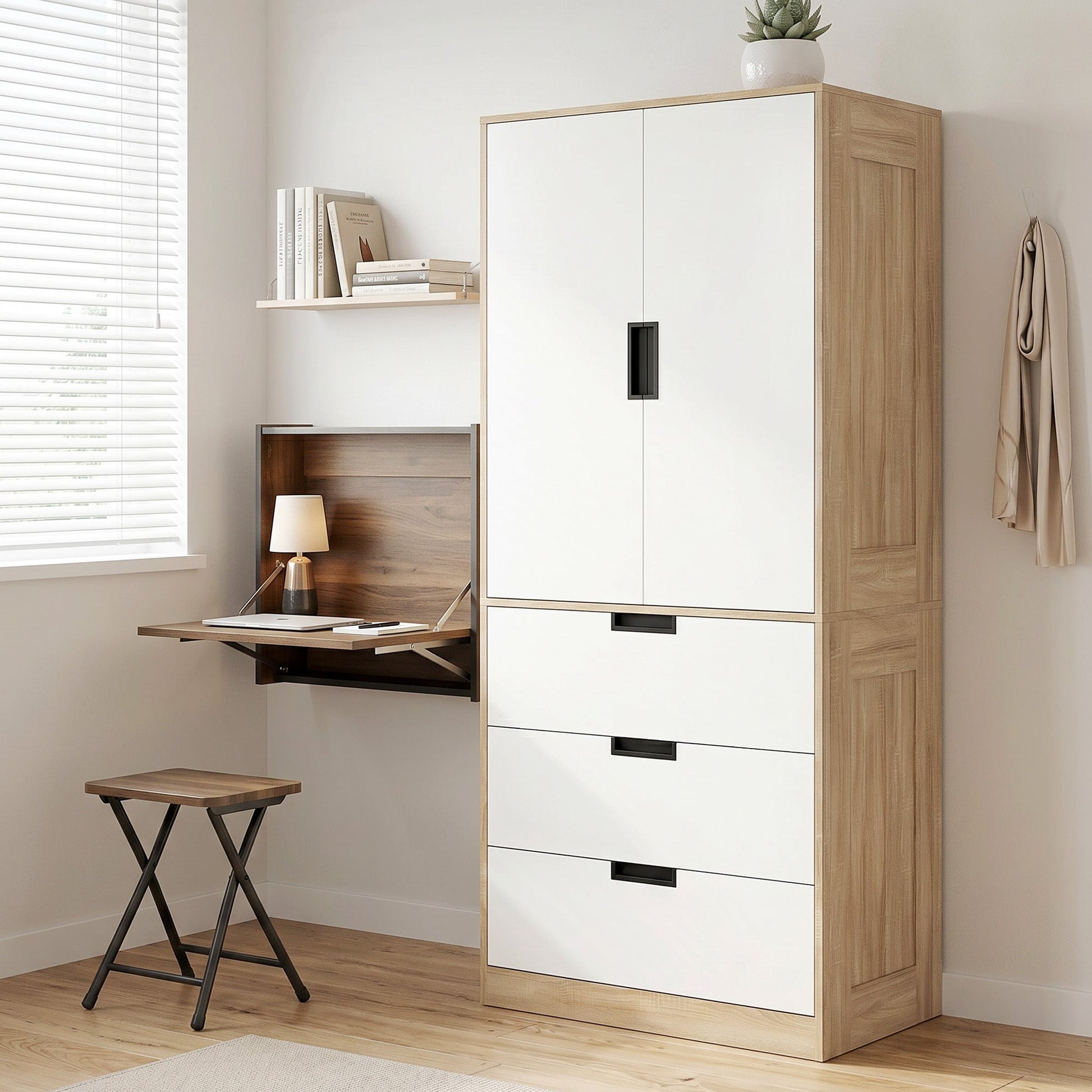 2 Door Wardrobe with 3 Drawers & Hanging Rail, Modern Clothes Storage Cupboard Unit, Bedroom Wardrobe with Soft Closing Hinge, 50D x 80W x 180Hcm, Oak