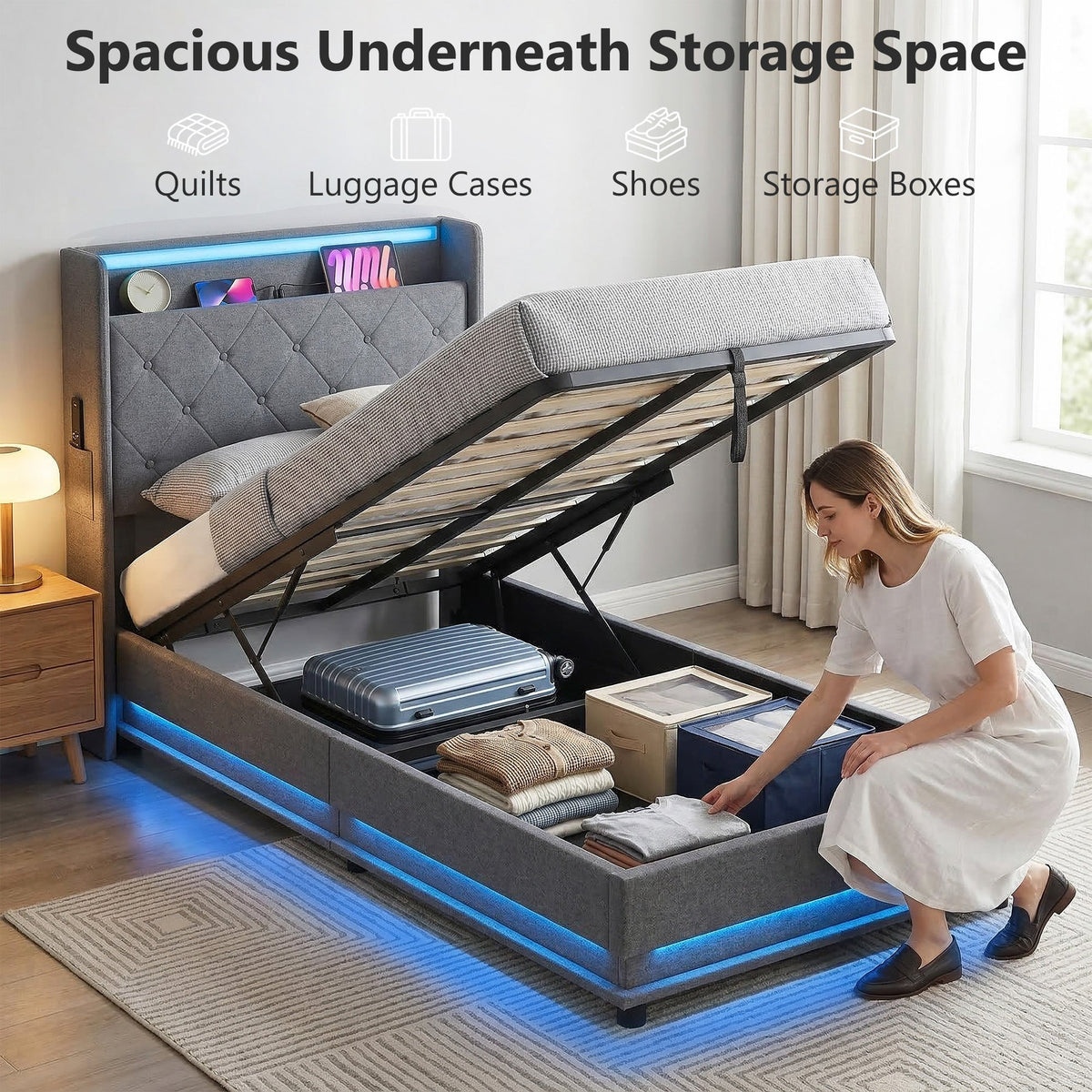 3ft Single Ottoman Bed Frame with Hydraulic Storage, APP Control LED Lights and Charging Station, Upholstered Lift Up Storage Bed Frame with Headboard, No Box Spring Needed, Dark Grey