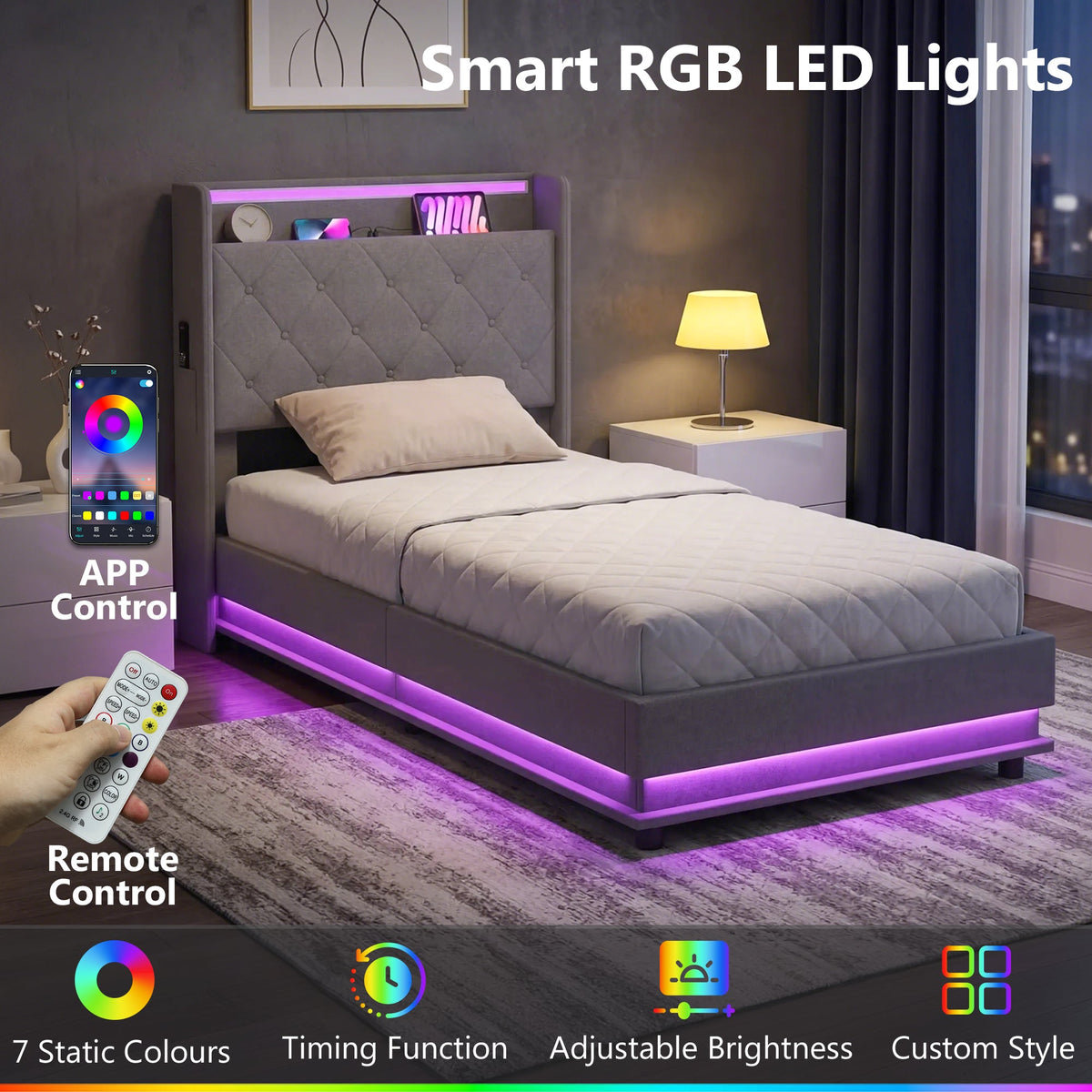 3ft Single Ottoman Bed Frame with Hydraulic Storage, APP Control LED Lights and Charging Station, Upholstered Lift Up Storage Bed Frame with Headboard, No Box Spring Needed, Dark Grey