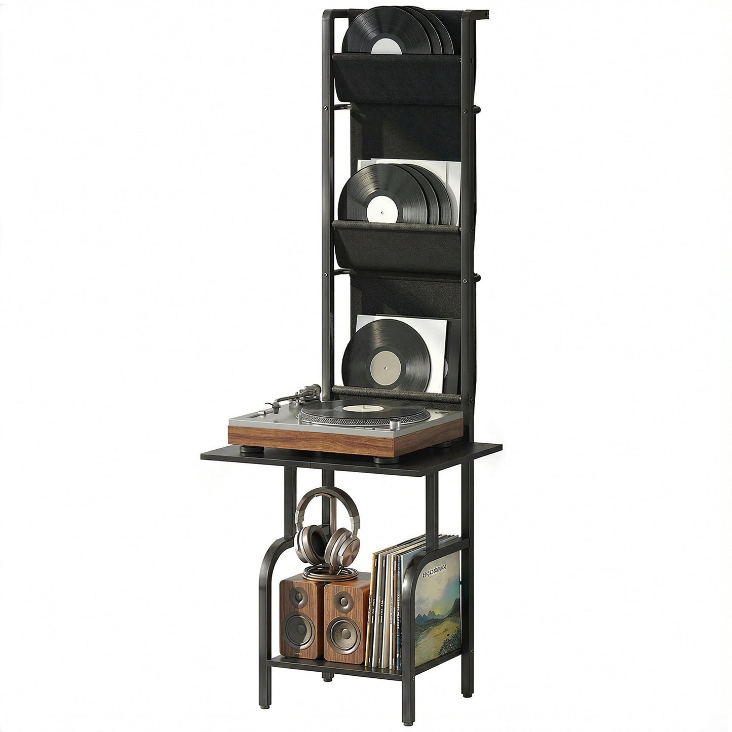 Vinyl Record Storage with Player Stand, Turntable Stand and Display Shelf, CD Storage Unit for Up to 40 CDs, Record Player Table for Living Room or Bedroom, Black