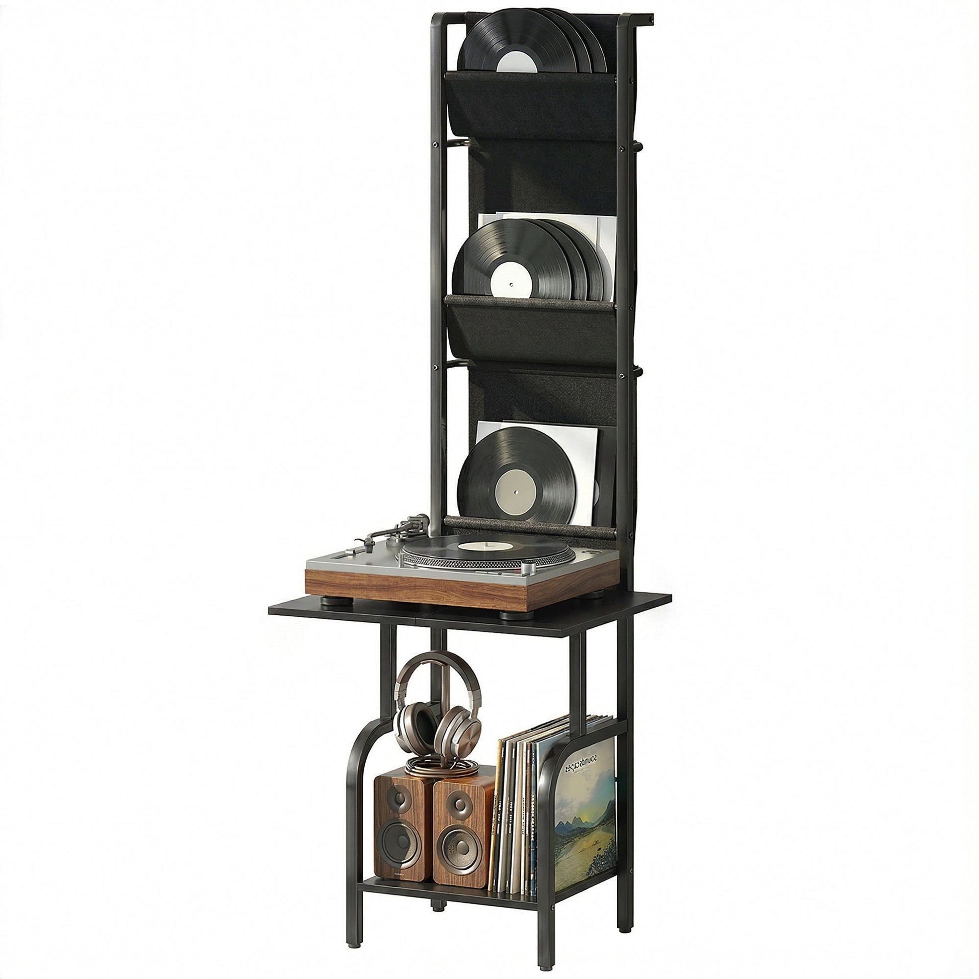 Vinyl Record Storage with Player Stand, Turntable Stand and Display Shelf, CD Storage Unit for Up to 40 CDs, Record Player Table for Living Room or Bedroom, Black
