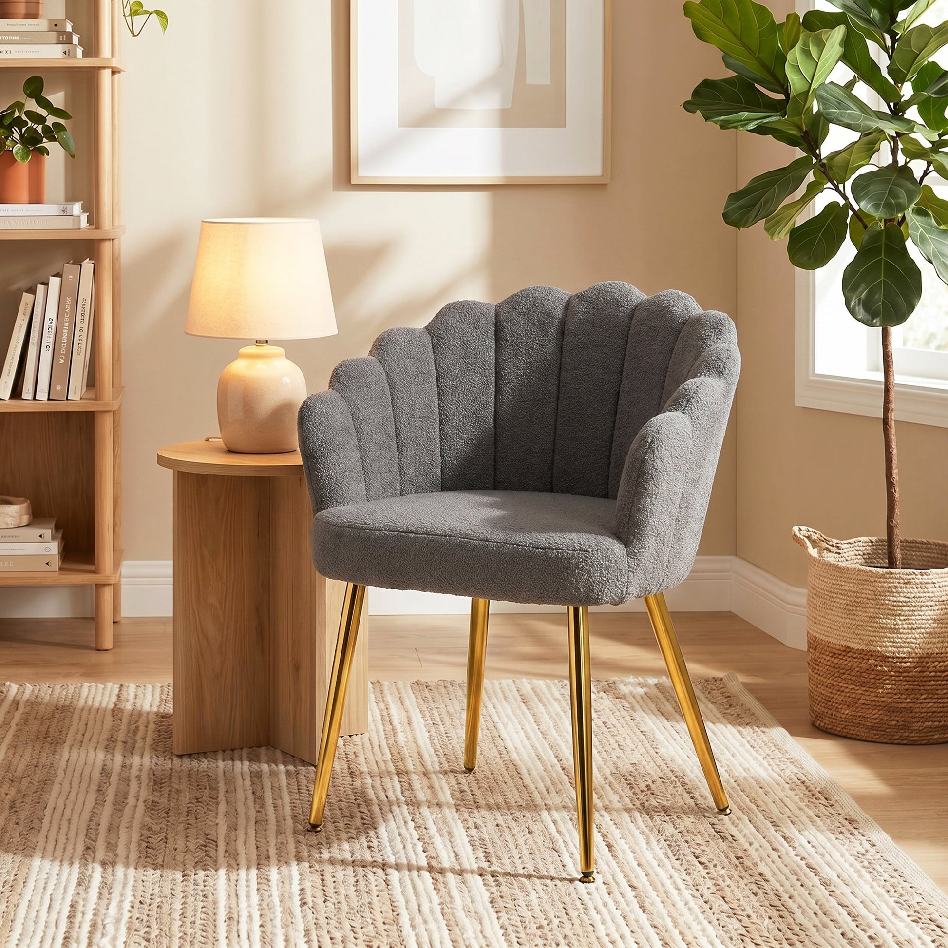 Petal-Back Lounge Chair, Faux Lamb's Wool Lounge Seat with Metal Legs and Adjustable Feet, Modern Armchair for Living Room, Bedroom, Balcony, Office, Grey