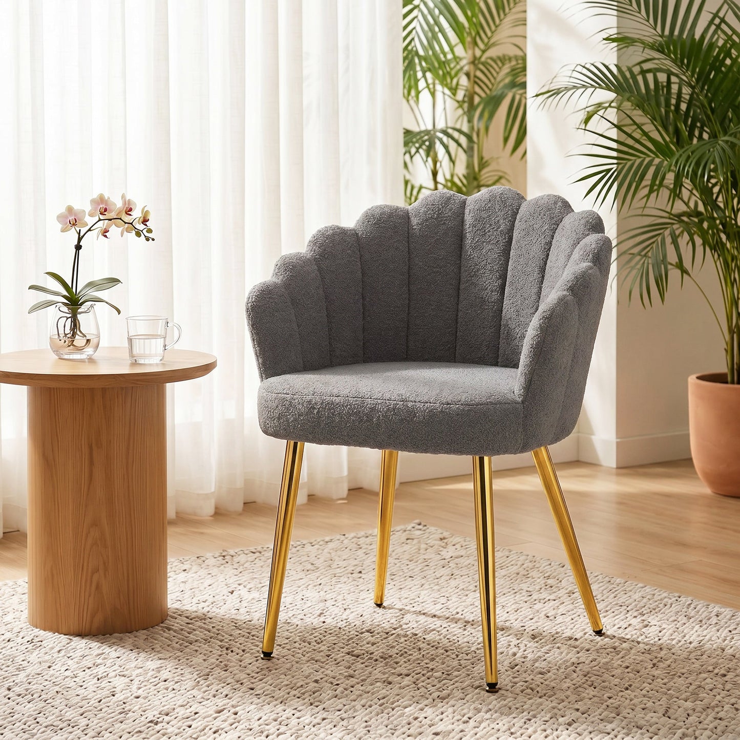 Petal-Back Lounge Chair, Faux Lamb's Wool Lounge Seat with Metal Legs and Adjustable Feet, Modern Armchair for Living Room, Bedroom, Balcony, Office, Grey