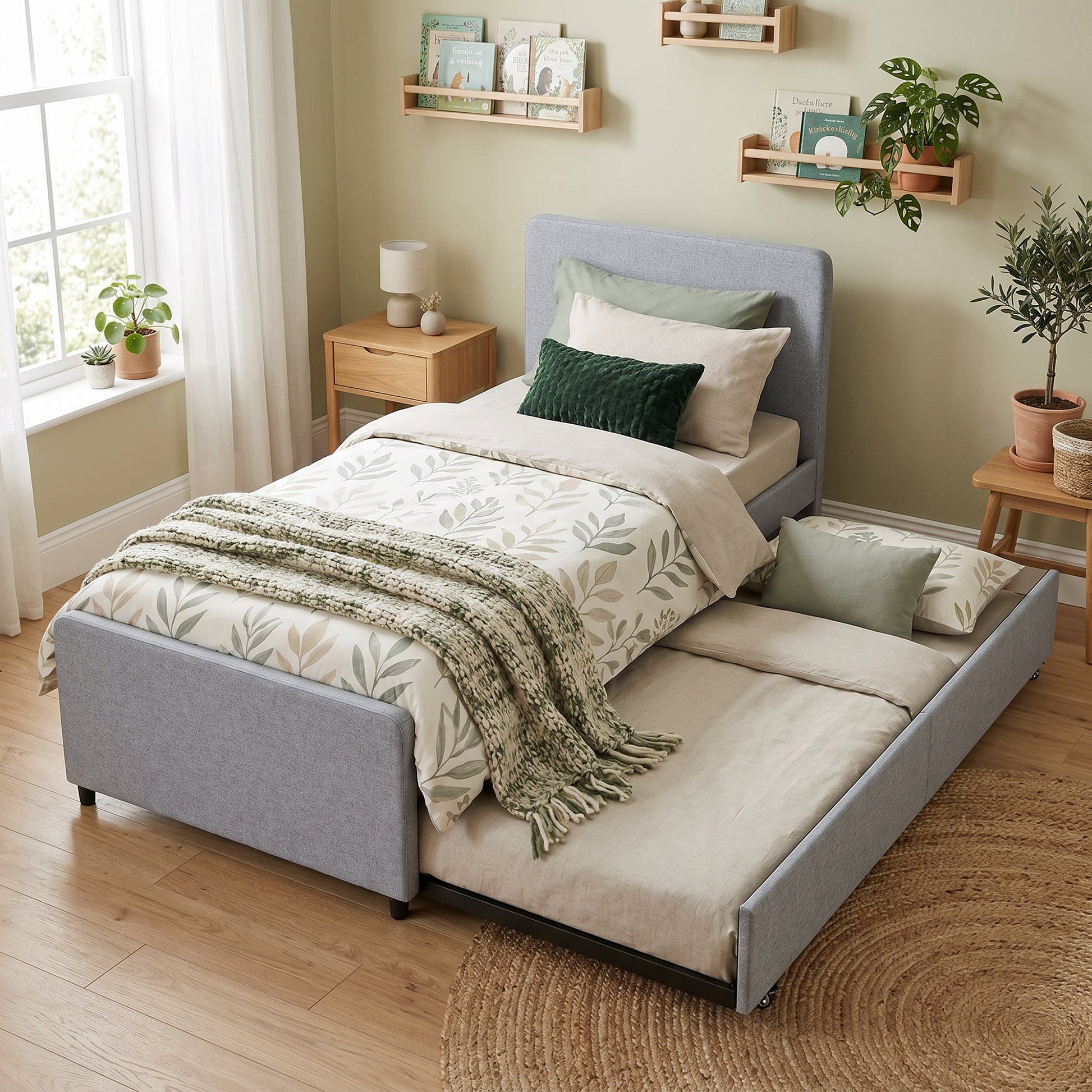 3ft Single Bed Frame with Trundle, Upholstered Pull Out Trundle Bed with Headboard and Footboard for Adults & Teenagers, 90 x 190 cm, No Mattress, Dark Grey
