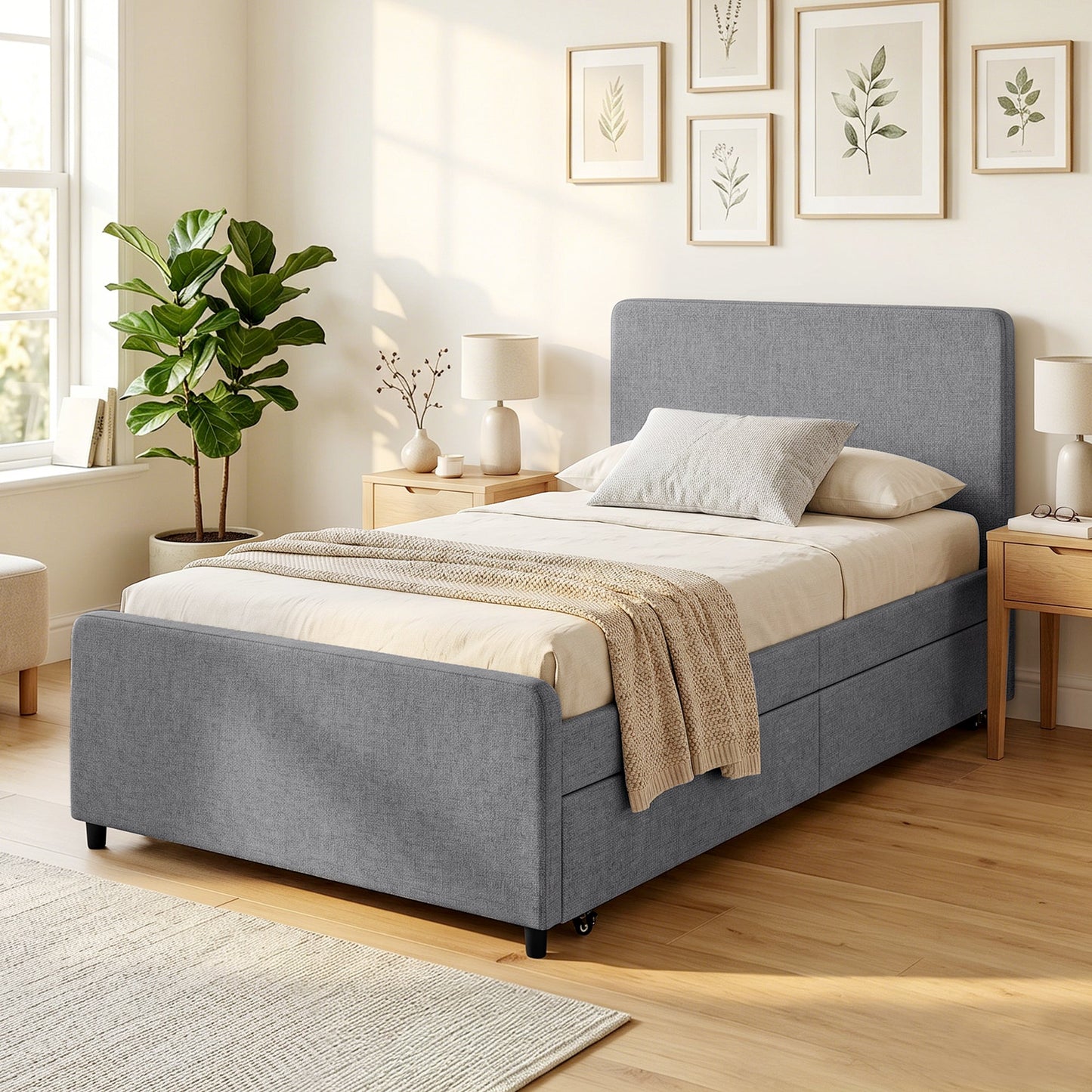 3ft Single Bed Frame with Trundle, Upholstered Pull Out Trundle Bed with Headboard and Footboard for Adults & Teenagers, 90 x 190 cm, No Mattress, Dark Grey