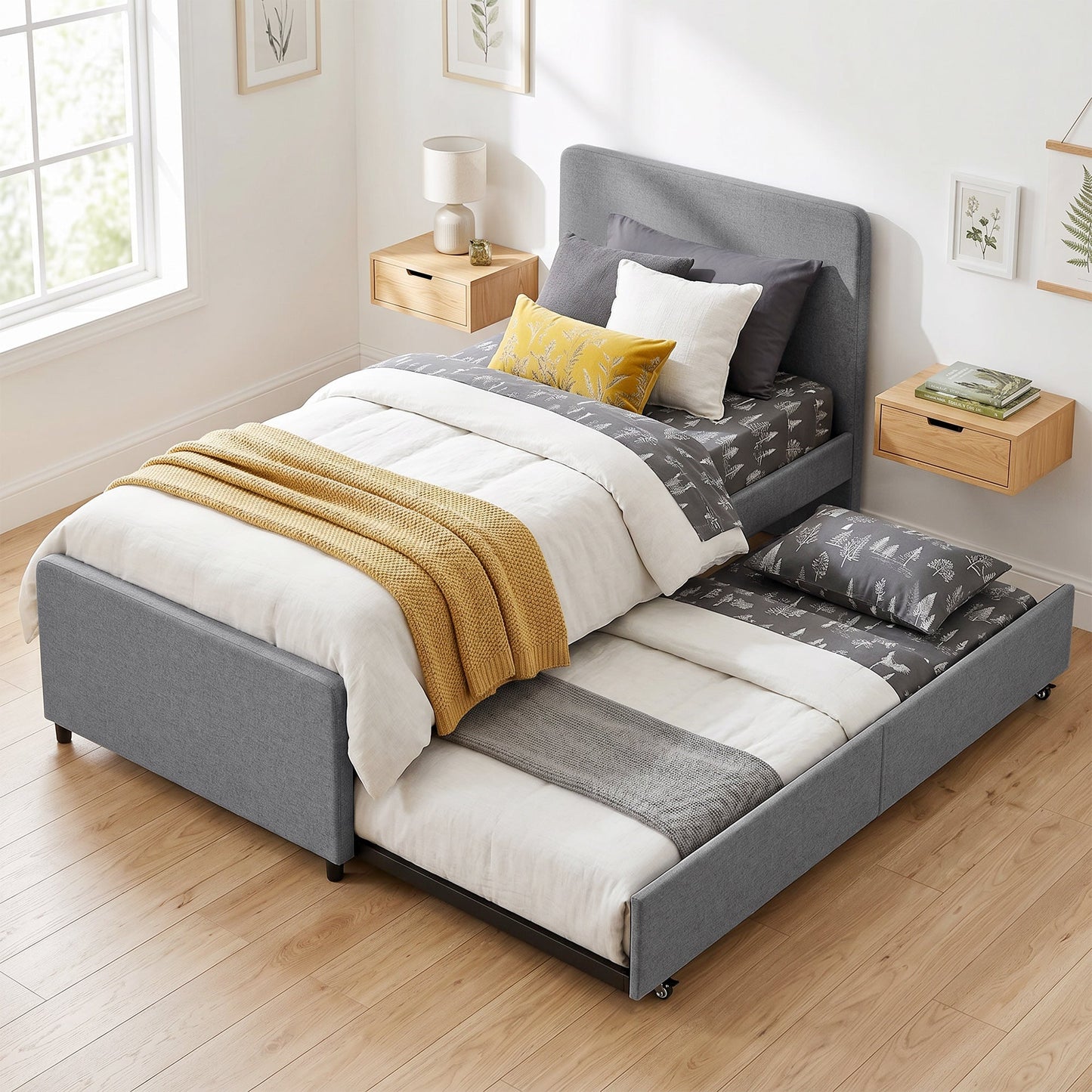 3ft Single Bed Frame with Trundle, Upholstered Pull Out Trundle Bed with Headboard and Footboard for Adults & Teenagers, 90 x 190 cm, No Mattress, Dark Grey