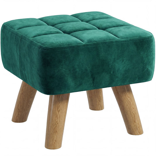 Modern Tufted Footstool, Fabric Foot Stool with Rubber Wood Legs, Padded Seat, for Living Room, Bedroom, Entryway, Dark Green