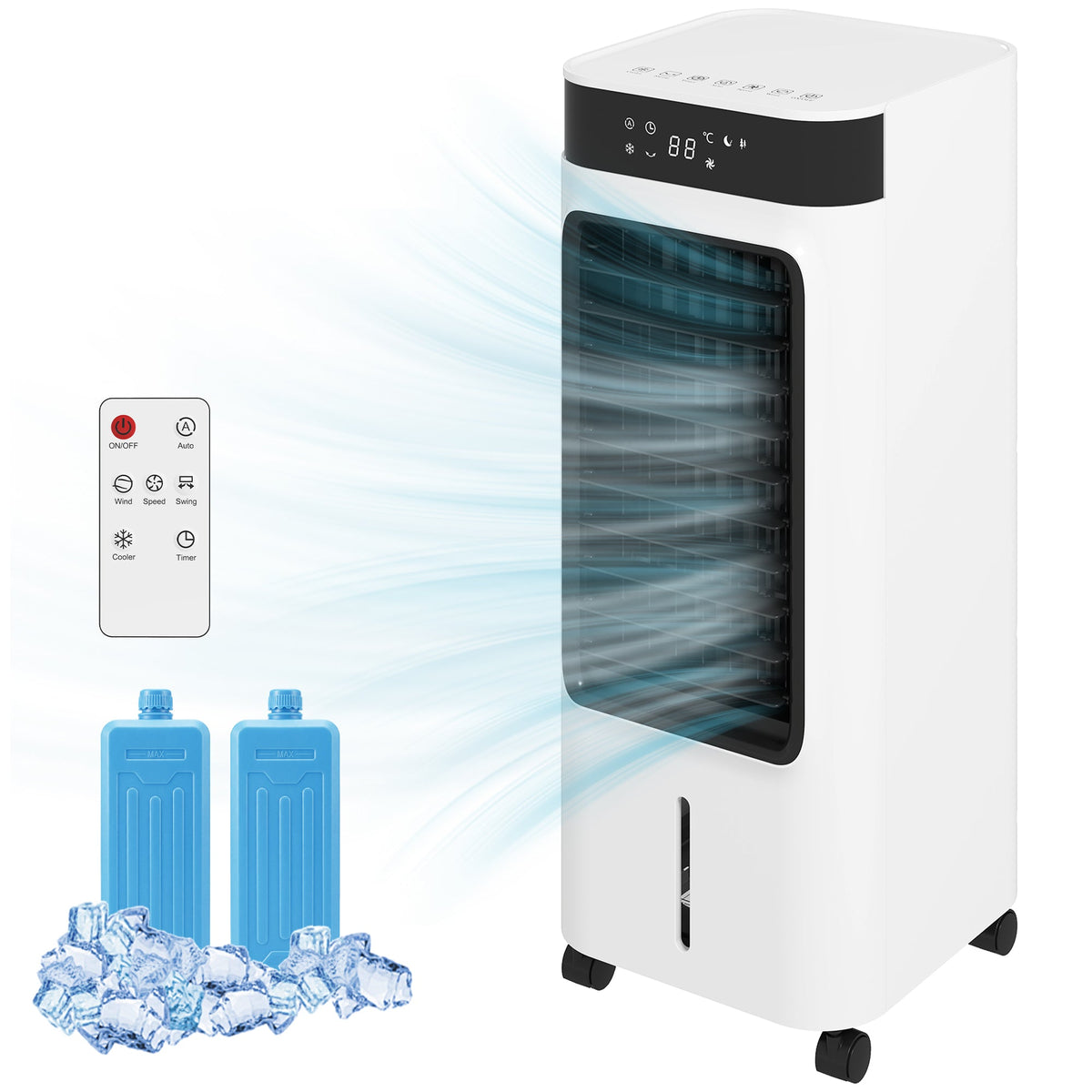Portable Air Cooler, 3-In-1 Evaporative Air Cooler with 7 Litre Water Tank, 48° Oscillation, 3 Speeds, 3 Modes, 2 Ice Packs, Remote, for Home Office Bedroom, White