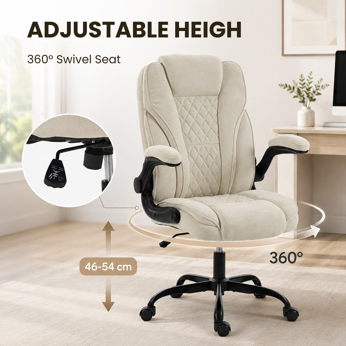 Office Chair, Ergonomic Executive Desk Chair with Padded Flip-up Armrest, Pocket Springs, Swivel Wheels, Multiple Angle Rocking, Adjustable Height, Diamond Fabric for Home Office, Beige