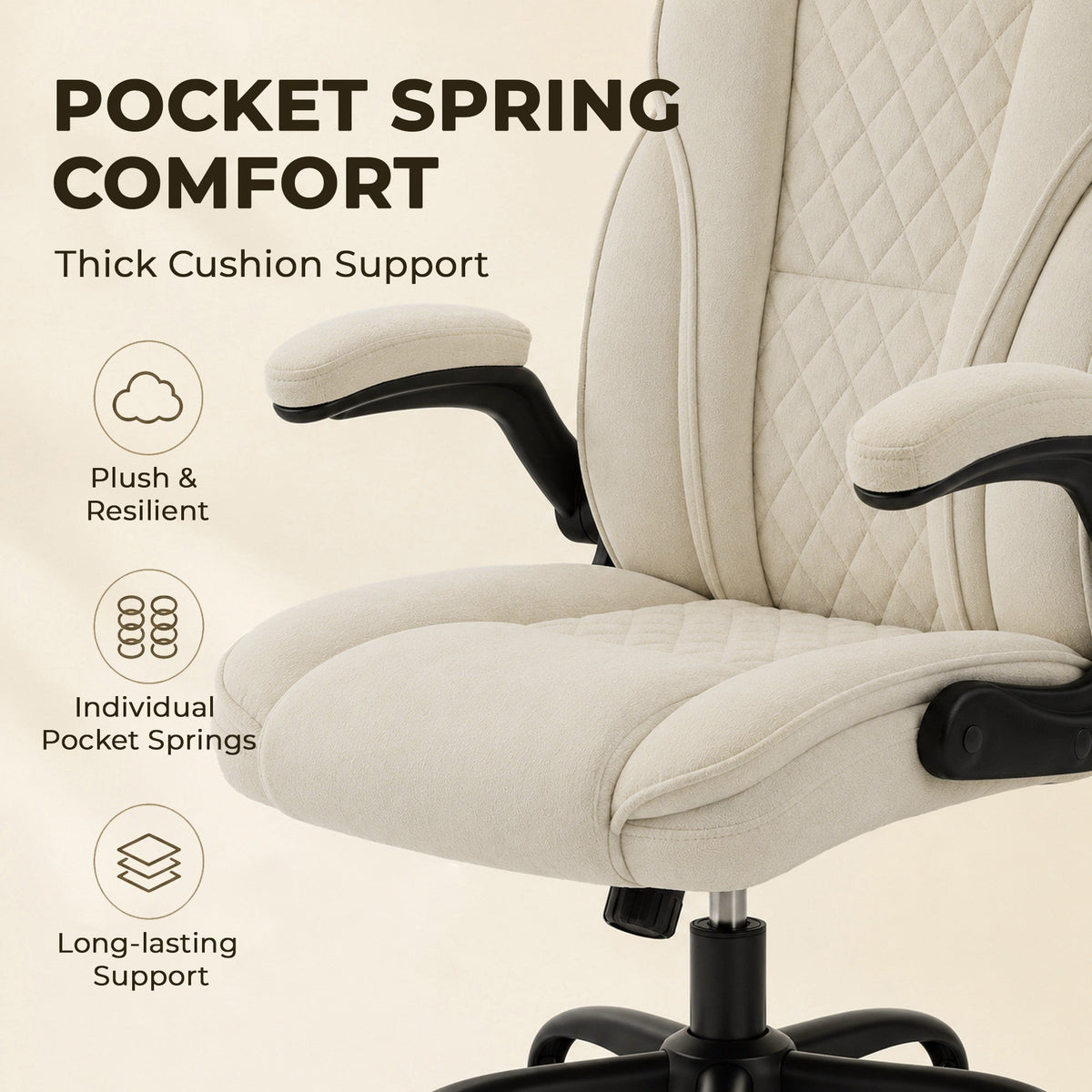 Office Chair, Ergonomic Executive Desk Chair with Padded Flip-up Armrest, Pocket Springs, Swivel Wheels, Multiple Angle Rocking, Adjustable Height, Diamond Fabric for Home Office, Beige