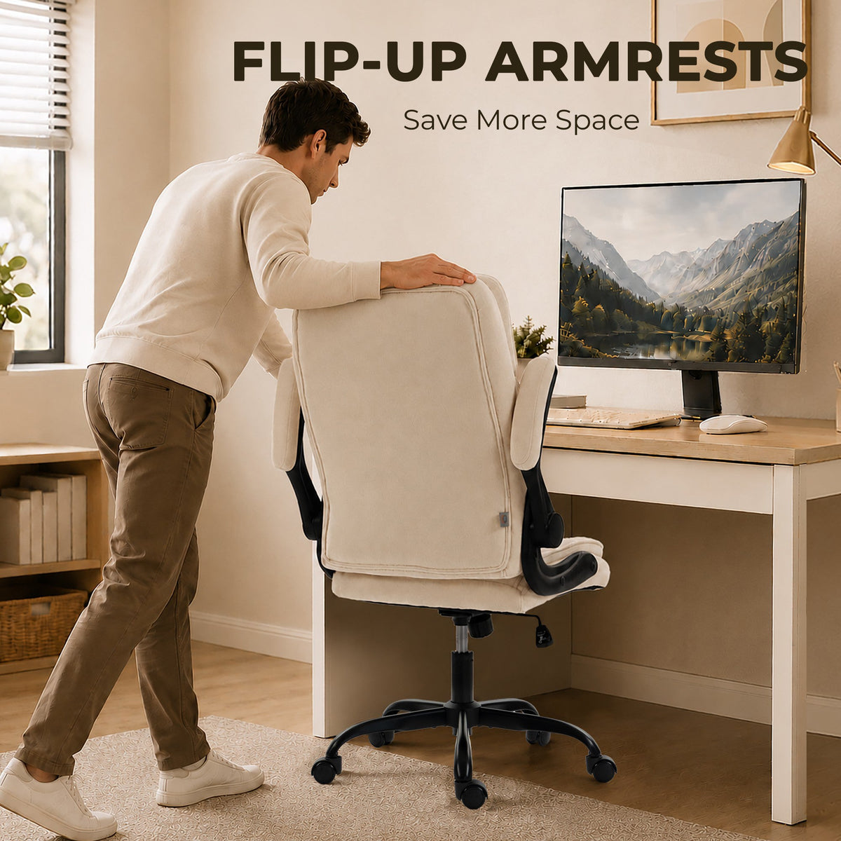 Office Chair, Ergonomic Executive Desk Chair with Padded Flip-up Armrest, Pocket Springs, Swivel Wheels, Multiple Angle Rocking, Adjustable Height, Diamond Fabric for Home Office, Beige