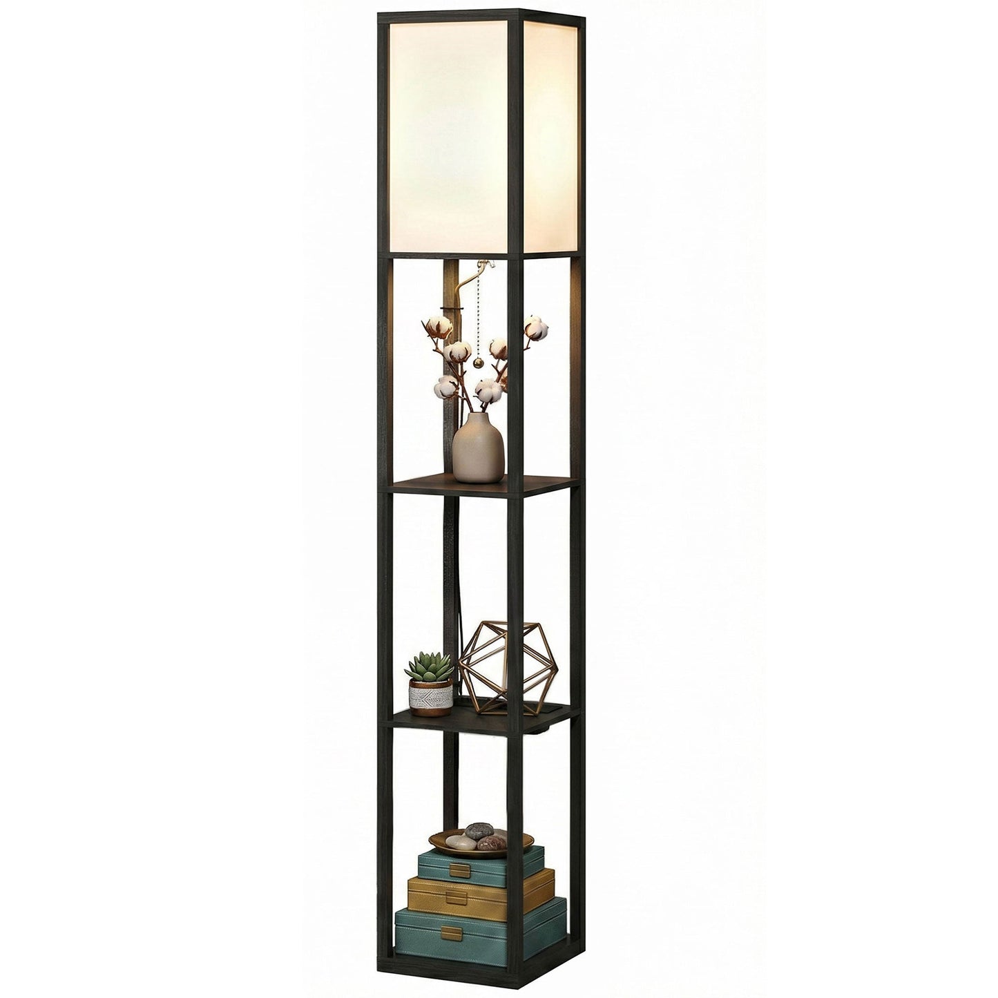 3-Tier Floor Lamp with Shelves and Storage, Modern Corner Standing Lamp with LED Bulb, Lampshade, Reading Light with Foot Switch for Living Room, Bedroom, Home Office, Black
