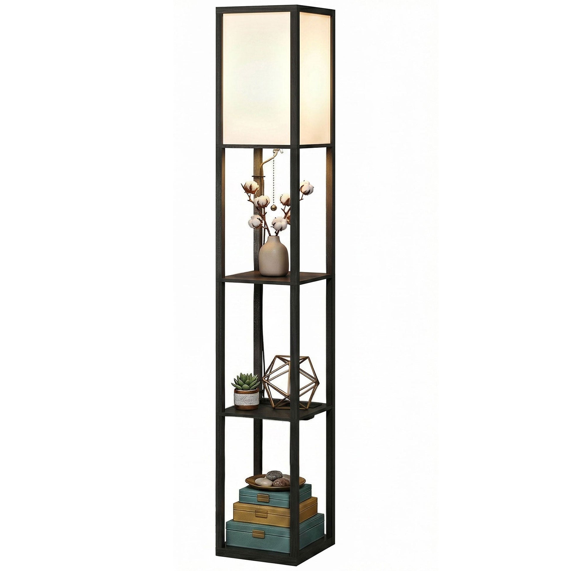 3-Tier Floor Lamp with Shelves and Storage, Modern Corner Standing Lamp with LED Bulb, Lampshade, Reading Light with Foot Switch for Living Room, Bedroom, Home Office, Black