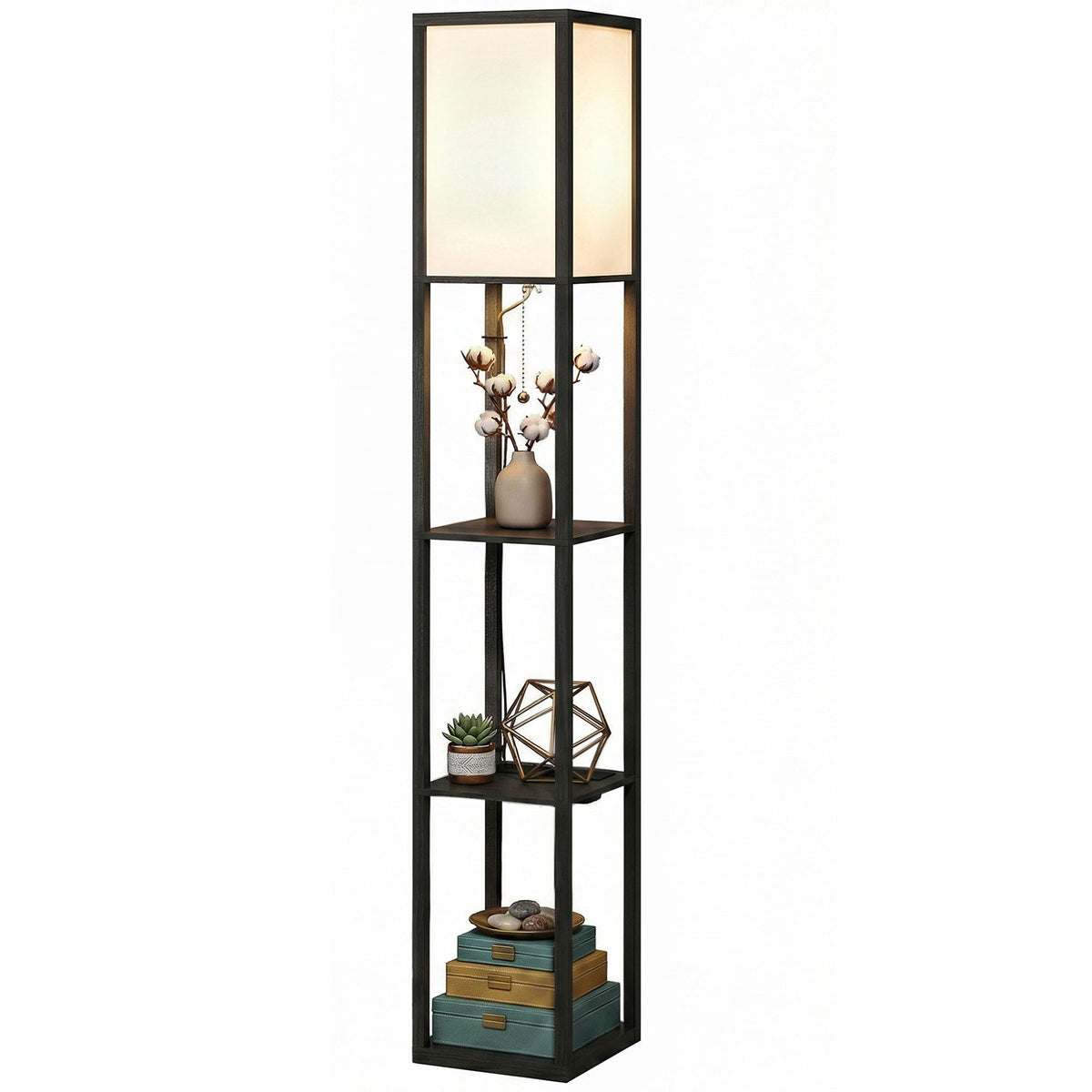 3-Tier Floor Lamp with Shelves and Storage, Modern Corner Standing Lamp with LED Bulb, Lampshade, Reading Light with Foot Switch for Living Room, Bedroom, Home Office, Black