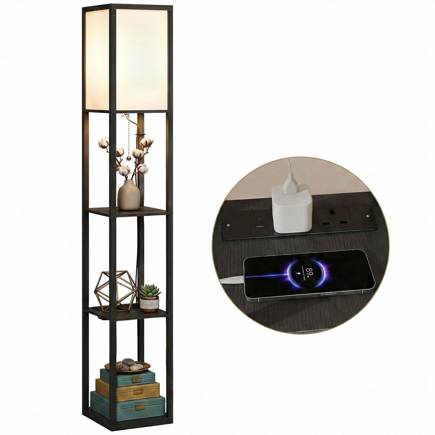 3-Tier Floor Lamp with Shelves and Storage, Modern Corner Standing Lamp with LED Bulb, Lampshade, Reading Light with Foot Switch for Living Room, Bedroom, Home Office, Black
