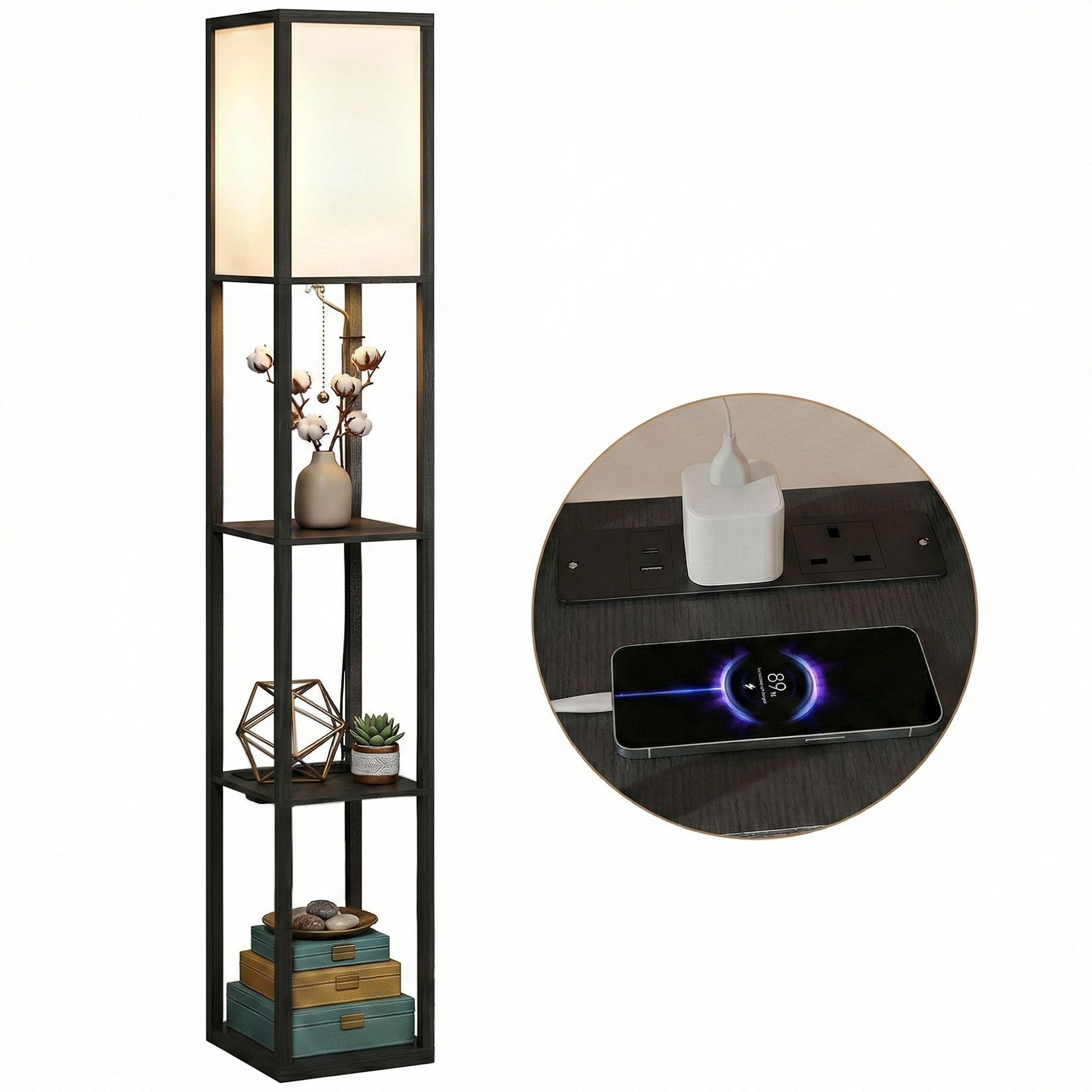 3-Tier Floor Lamp with Shelves and Storage, Modern Corner Standing Lamp with LED Bulb, Lampshade, Reading Light with Foot Switch for Living Room, Bedroom, Home Office, Black