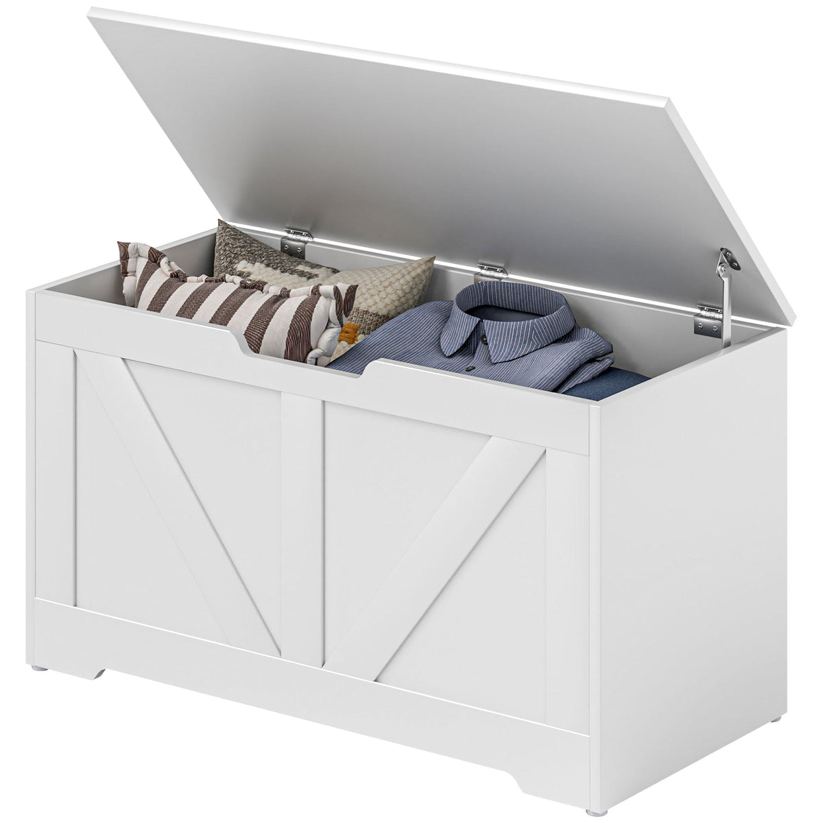 HOMCOM 100L Storage Chest, Storage Trunk with 2 Safety Hinges and U-shaped Cut-out Pull, Storage Box for Living Room, Entryway, 80 x 40 x 45 cm, White Wood Grain