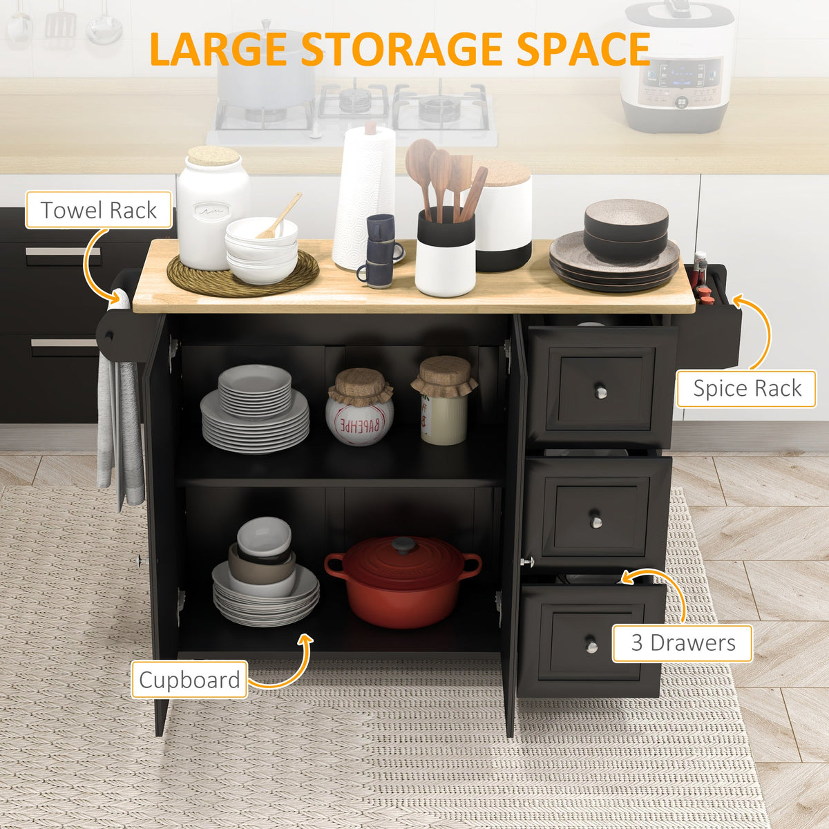 Kitchen Island with Drop Leaf, Rolling Kitchen Storage Trolley on Wheels with 3 Drawers, Spice Rack and Towel Rack, Storage Cart with Rubber Wood Top, Black