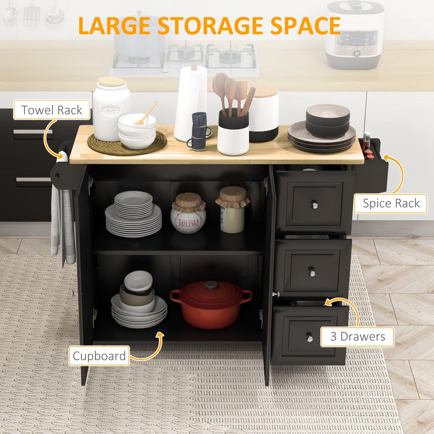 Kitchen Island with Drop Leaf, Rolling Kitchen Storage Trolley on Wheels with 3 Drawers, Spice Rack and Towel Rack, Storage Cart with Rubber Wood Top, Black