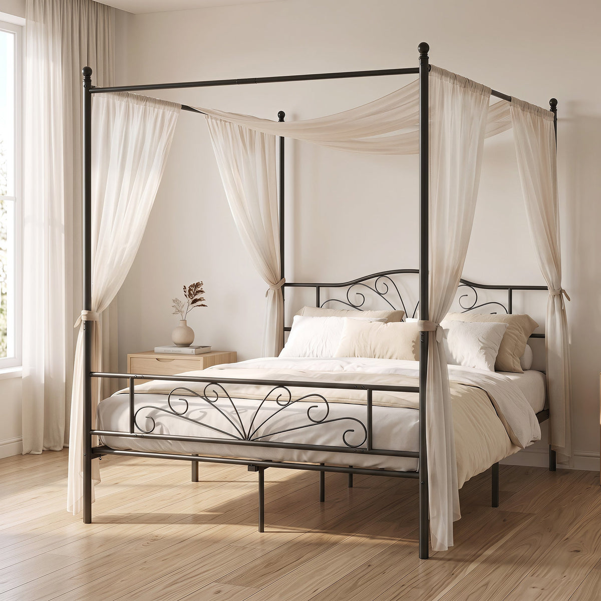 Canopy Bed Frame King Size, Metal Platform Bed Frame with Headboard and Footboard, Underbed Storage, Heavy Duty Steel Slats Support Mattress Foundation, No Box Spring Needed, Black