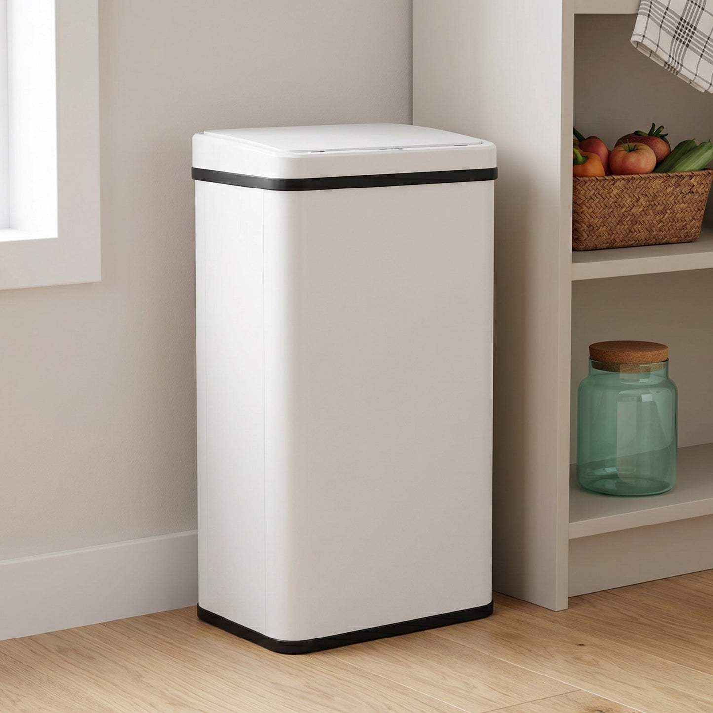 50L Sensor Bin with Quiet Soft-Close Lid, Automatic Touchless Motion Sensor Kitchen Bin with Fingerprint Resistant Stainless Steel for Hygienic Gyms, Home Office Use, White