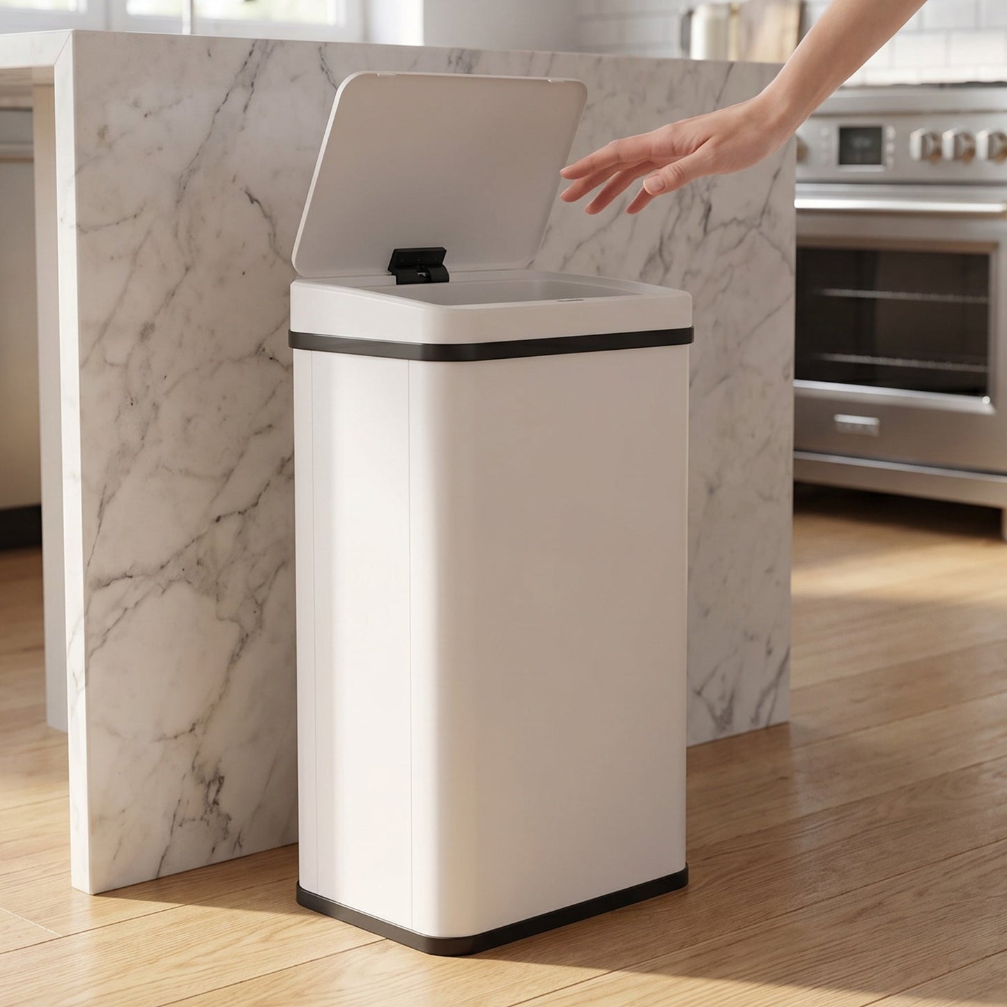 50L Sensor Bin with Quiet Soft-Close Lid, Automatic Touchless Motion Sensor Kitchen Bin with Fingerprint Resistant Stainless Steel for Hygienic Gyms, Home Office Use, White