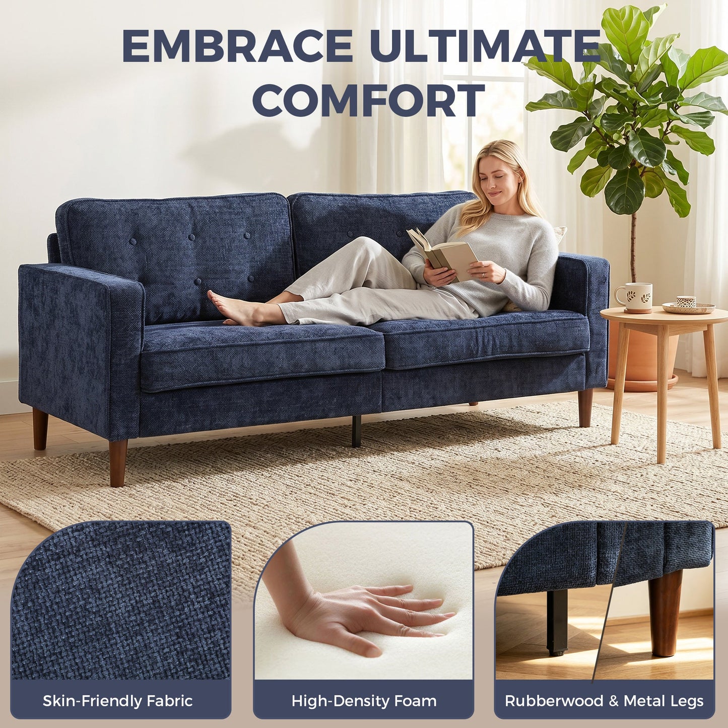 3 Seater Sofa, Upholstered Small Couch for Bedroom, Modern Futon Sofa Settee with Padded Cushion, Button Tufting and Wood Legs for Living Room, Dark Blue