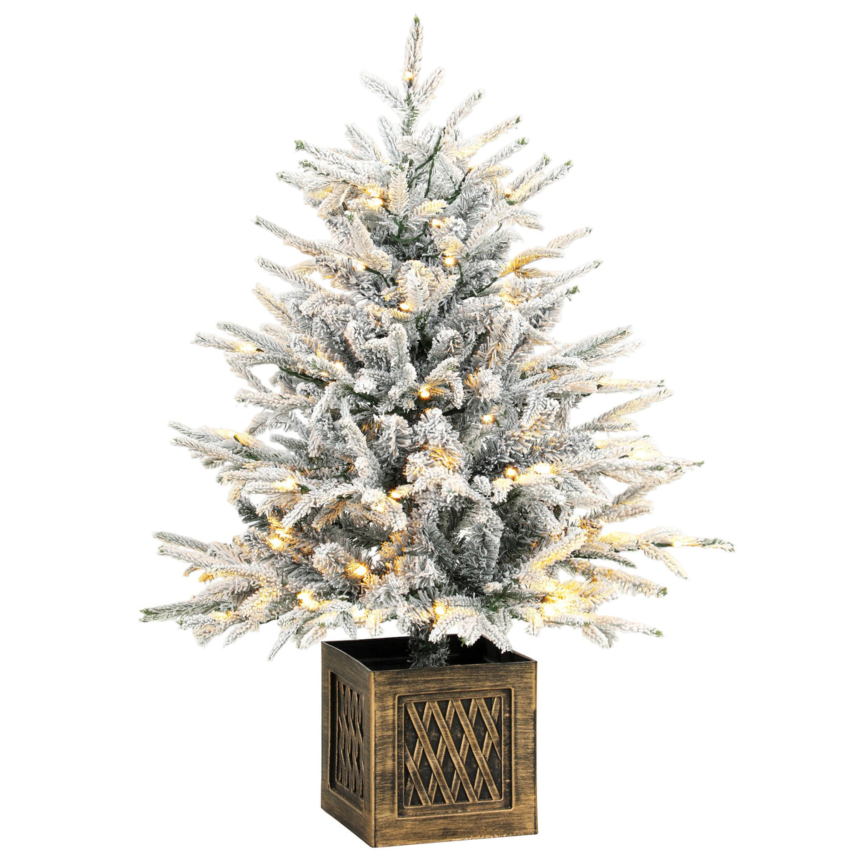 90 cm Prelit Flocked Christmas Tree, Artificial Table Christmas Tree with 70 Warm White LED Lights, 488 Tips, Base Stand, Green White